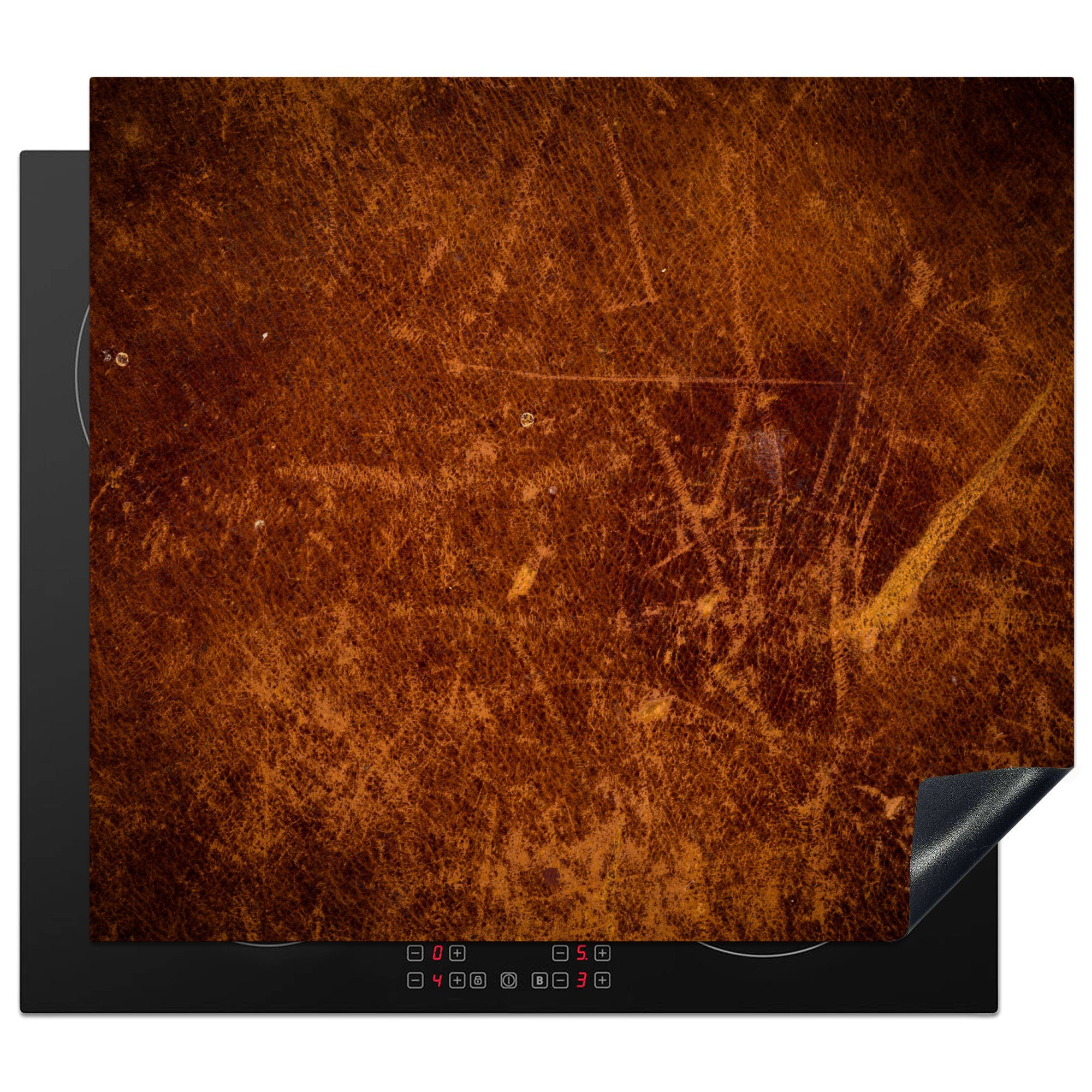 MuchoWow Herdblende-/Abdeckplatte Leder - Lederoptik - Braun - Orange, Vinyl, (1 tlg), 58x51 cm, Küchen Dekoration für Induktionsherd, Induktionskochfeld