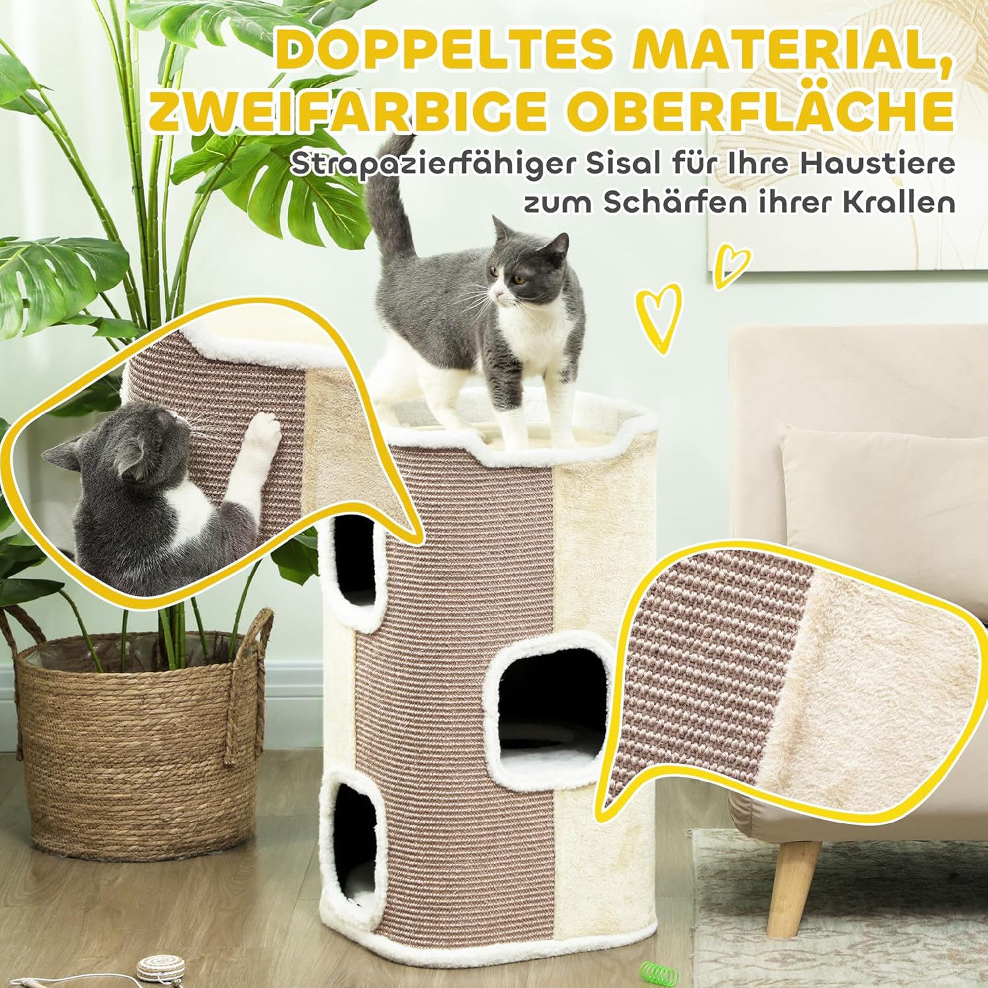 ibettertec Kratzpappe Kratztonne, Katzentonne, Kratzbaum, Katzenhöhle, (Einzelprodukt, 1-tlg., 1 x Katzenkratztonne1 x Aufbauanleitung), Dreistöckige Struktur, zweifarbiges Doppelmaterial