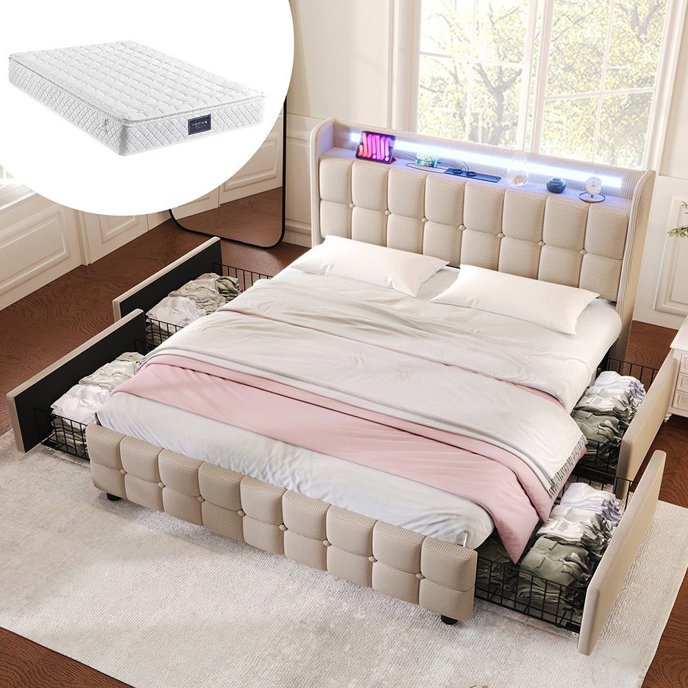 Polsterbett (Stauraumbett mit Lattenrost und Matratze), Dopplebett 140x200cm mit LED-Beleuchtung, Ladefunktion & 4 Schubladen