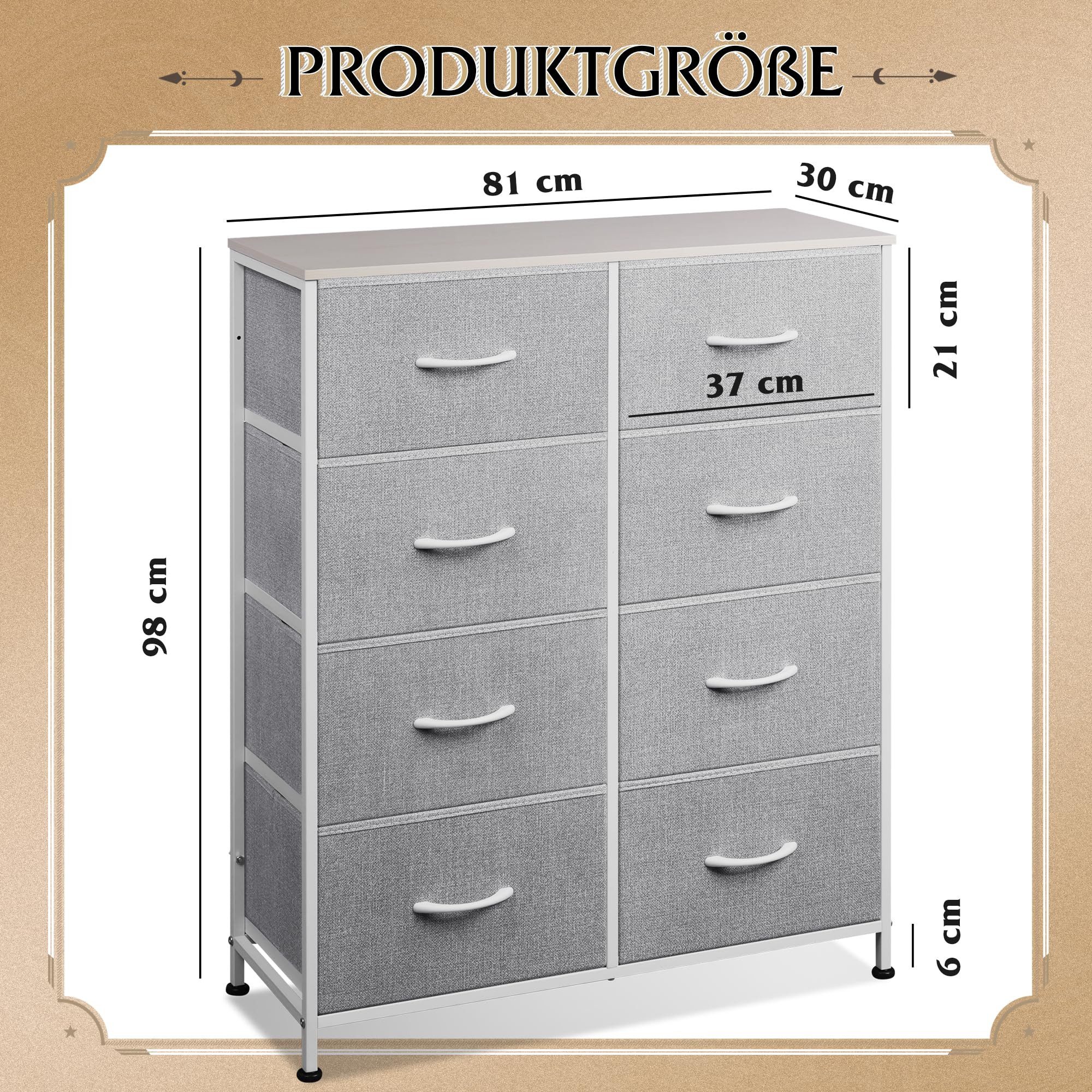 WLIVE Kommode mit 8 Schubladen, Schubladenkommode aus Holz und Metall (30 x 80,5 x 98 cm Kommode Schlafzimmer Wohnzimmer Flur), Schmaler Schrank mit viel Stauraum, Modern & Stabil