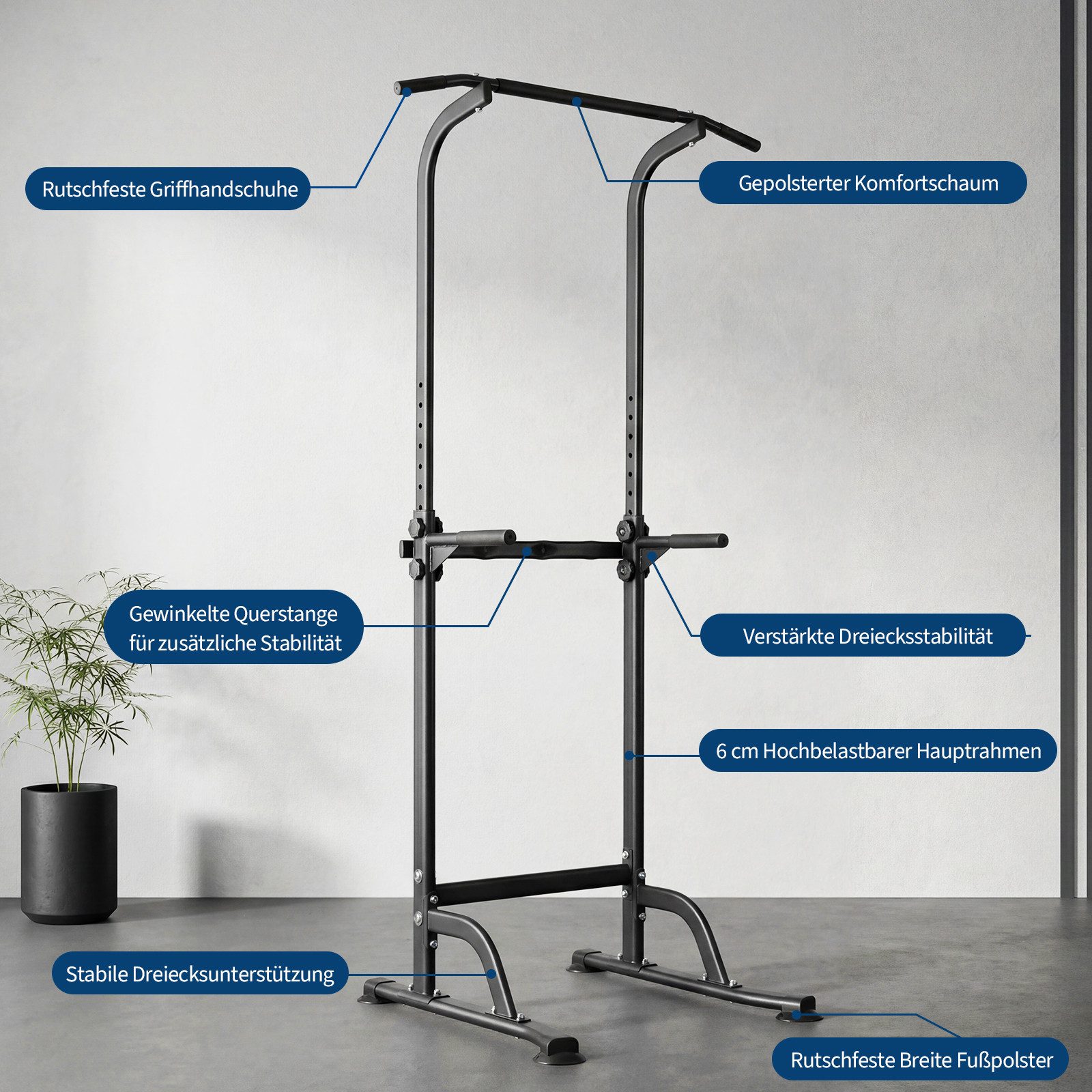 GarveeMore Kraftstation Klimmzugstange mit Mehrfunktions-Trainingstation mit 1,2 mm Stahlrohr, (Set, für zuhause), 10 verstellbare Höhen (165–219 cm), 150 kg Belastbarkeit, Schwarz