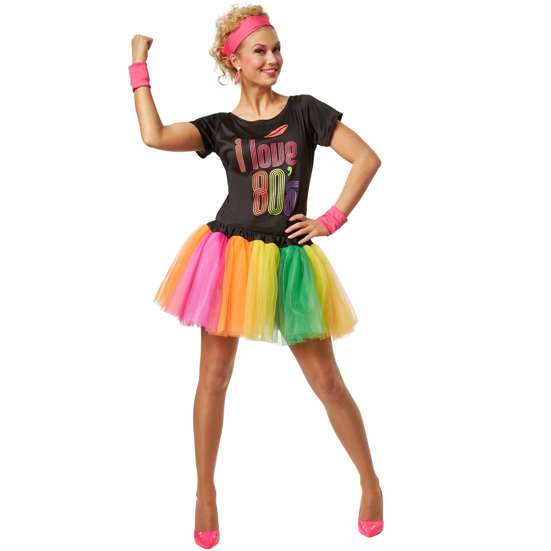 dressforfun Hippie-Kostüm Tänzerin/Partygängerin, Gr. XL, Fetziges Partykostüm im 80er-Style, in bunt, Schwarzes Oberteil mit Aufdruck „I love 80´s“ und Kussmund