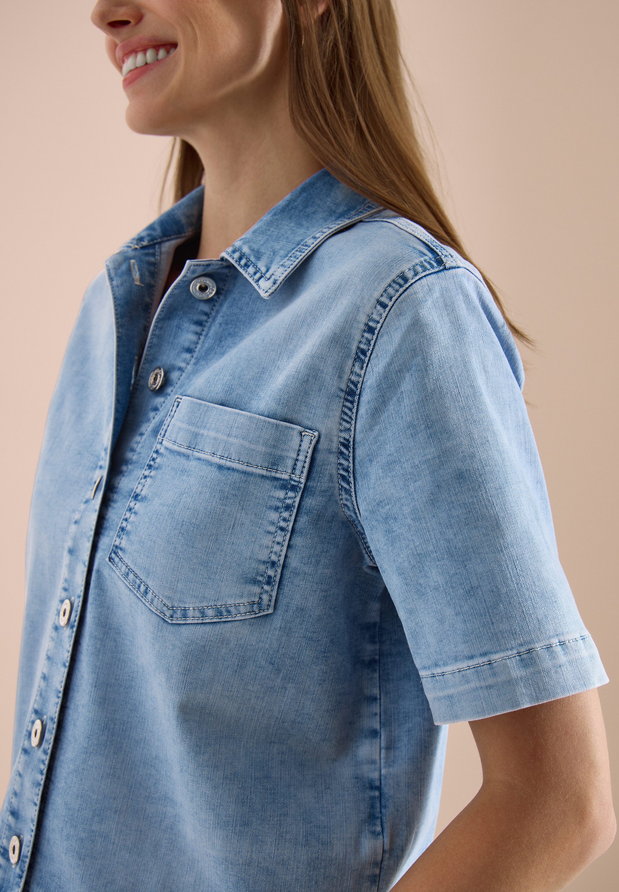CECIL Jeansjacke Kurzarm Jeans-Overshirt mit Knopfleiste