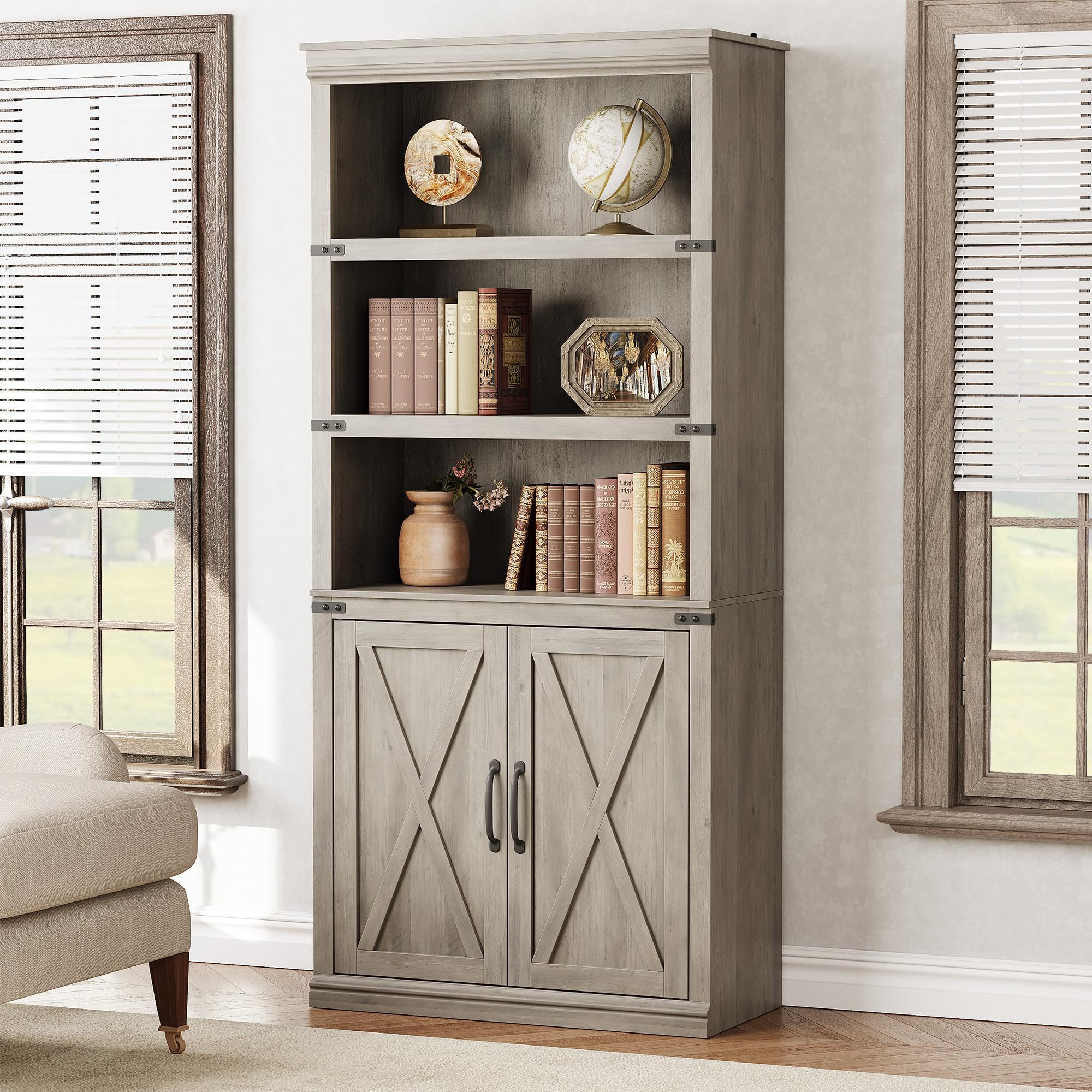 GarveeMore Bücherregal Klassisches MDF-Standregal Ablageregal Mehrzweckregal mit 2 Türen, Regal für Wohnzimmer Büro oder Schlafzimmer 174 cm hoch 80/32 cm breit