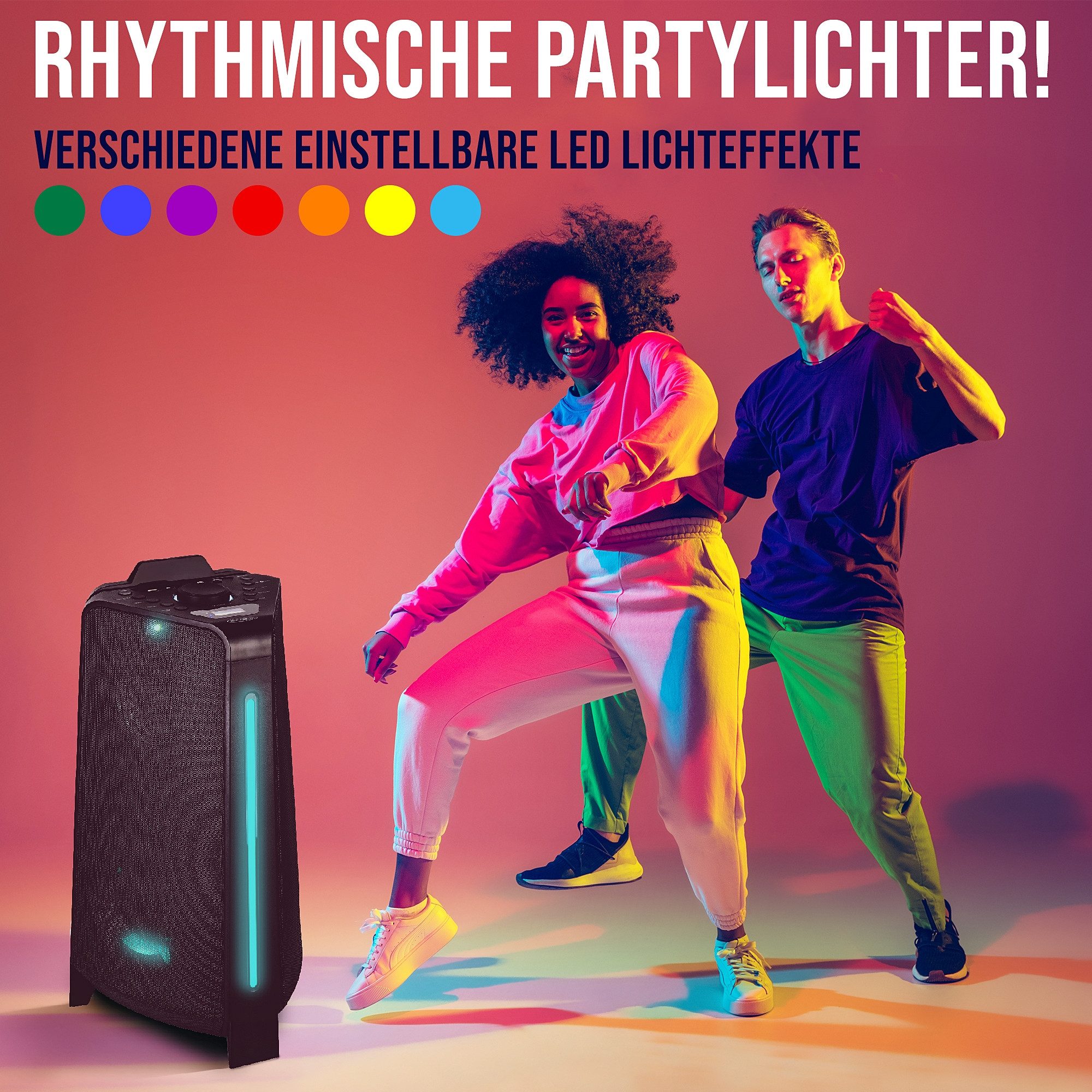 Reflexion PS100BT LED Beleuchtung mit verschiedener Modi-Auswahl Party-Lautsprecher (Bluetooth, 800 W, Bluetooth, Radio, Karaoke, Disco-Licht Effekte, Equalizer)