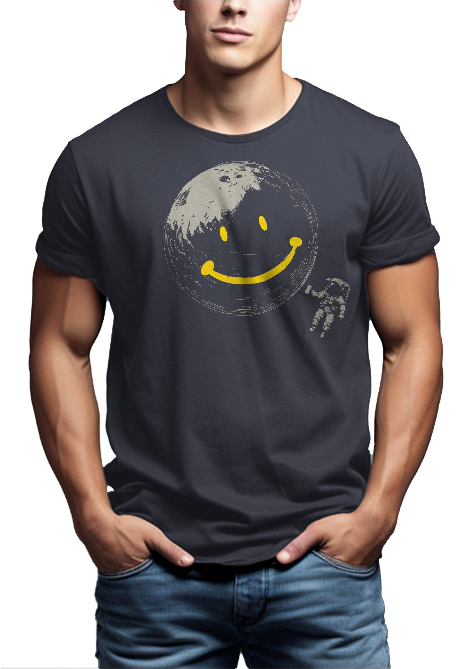 MAKAYA T-Shirt Cooles Shirt für Herren mit Astronaut und Smile Motiv (Schwarz, Blau, Grün, Blaugrau, S, M, L, XL, XXL, 3XL, 4XL, 5XL) Baumwolle