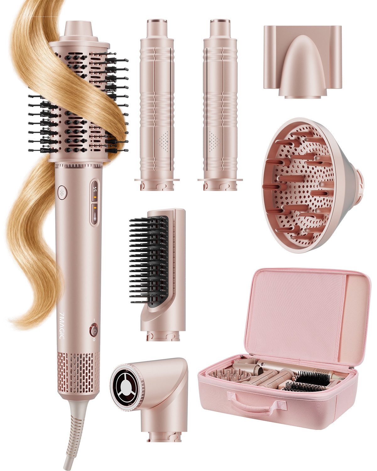 MCURO Multihaarstyler Haarstyling Set 7 in 1 Airstyler Warmluftbürste Föhn mit Diffusor