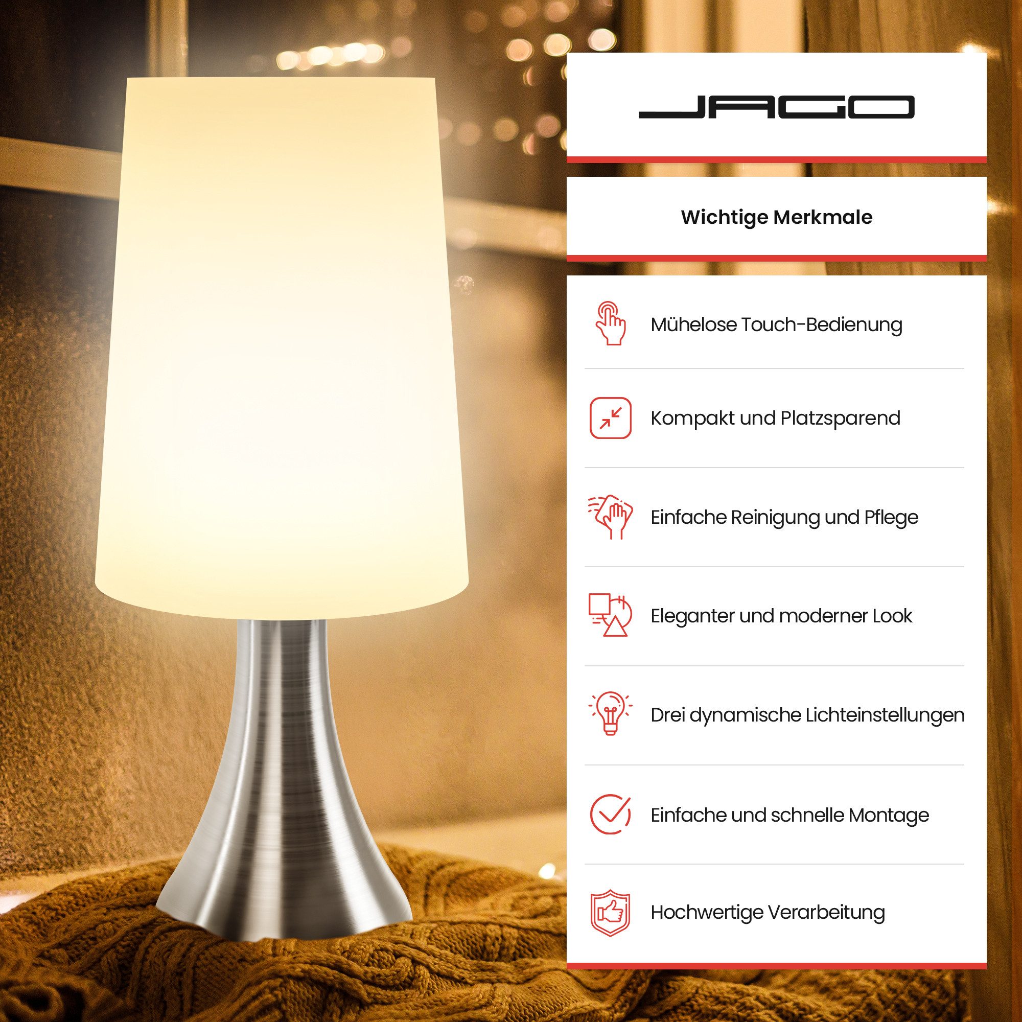 Jago Nachttischlampe Tischlampe mit Dimmer Touchfunktion günstig online kaufen