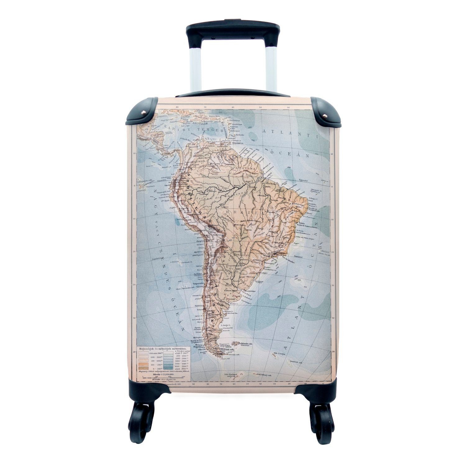 MuchoWow Handgepäckkoffer Reisekoffer Handgepäck 4 für mit Ferien, Trolley, Klassische Südamerika, Rollen, Weltkarte rollen, Reisetasche