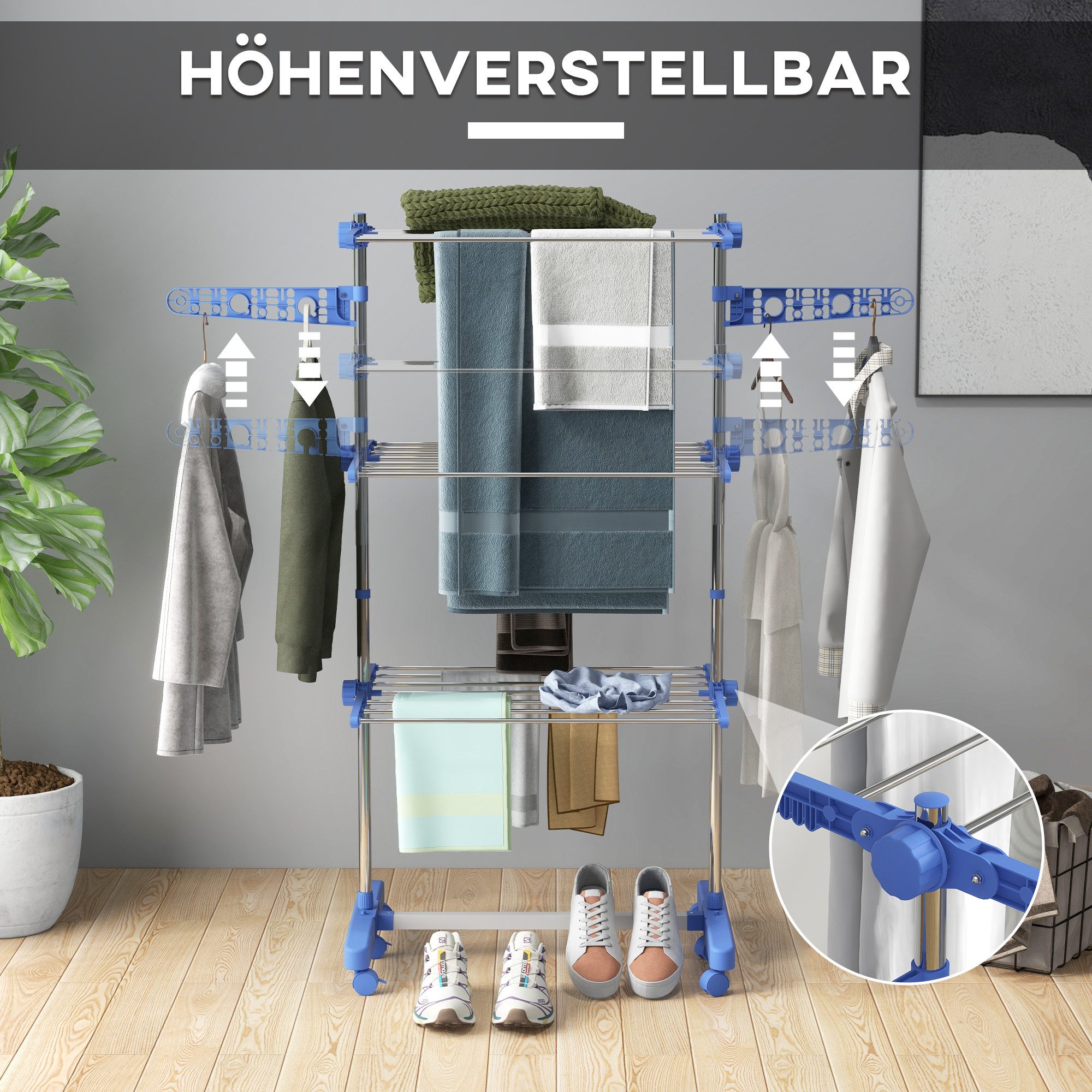 HOMCOM Wäscheständer Turm Standtrockner mit 3 Ebenen, klappbare Flügel, Rollen, für Indoor, Outdoor, Stahl Blau 80,142 x 55 x 152 cm – Bild 4 von 5