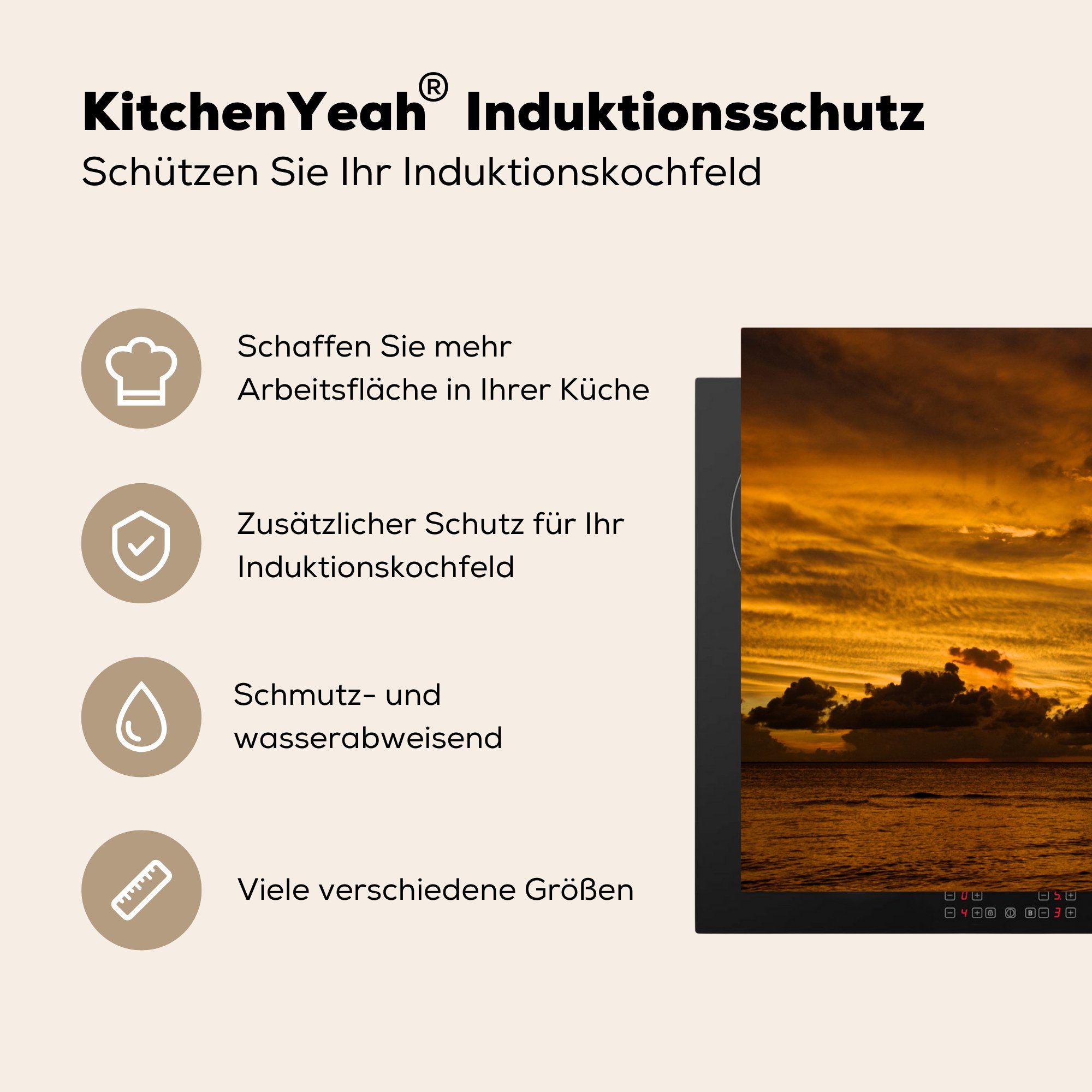 (1 78x78 Ceranfeldabdeckung, Arbeitsplatte Sonnenuntergangs MuchoWow Luftaufnahme Isla auf der cm, tlg), küche Herdblende-/Abdeckplatte Vinyl, Mujeres, des für