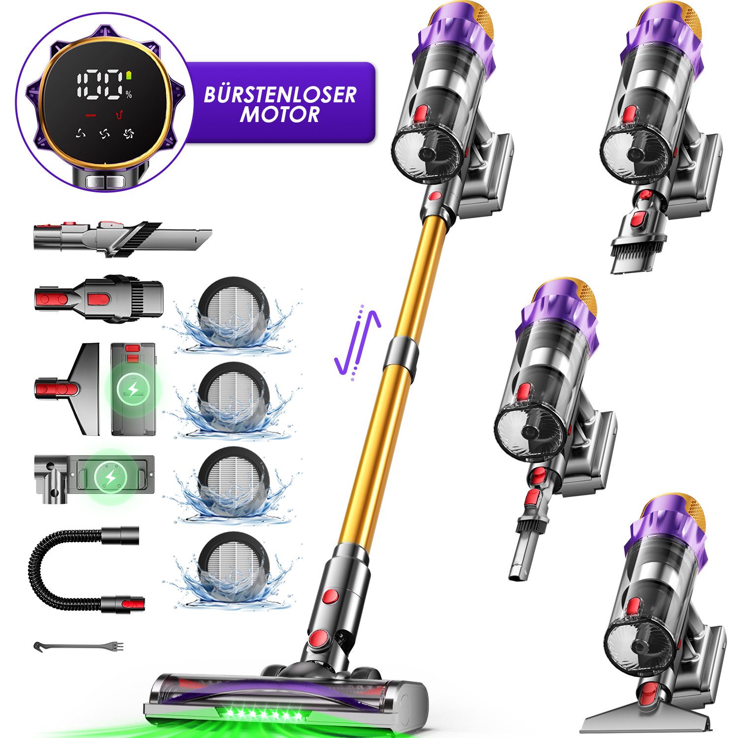 Hiazurm Akku-Hand-und Stielstaubsauger Akku Staubsauger,80000pa Akkusauger,70Min/1,8L, Kabelloser Staubsauger mit LED-Display,HEPA*4, Super Leise Stabstaubsauger für Tierhaare und Teppiche