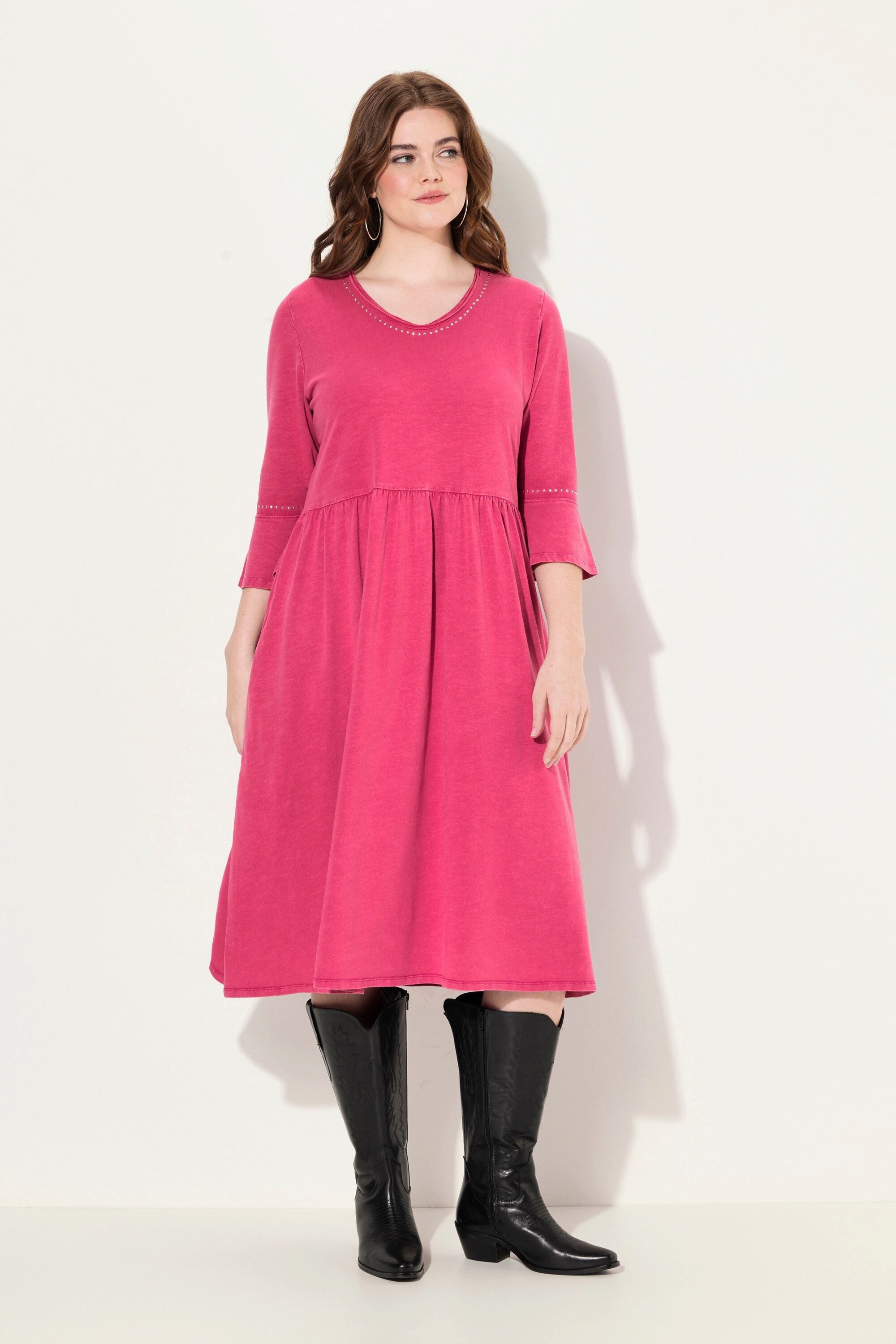 Midikleid Jerseykleid Rollkanten A-Linie V-Ausschnitt