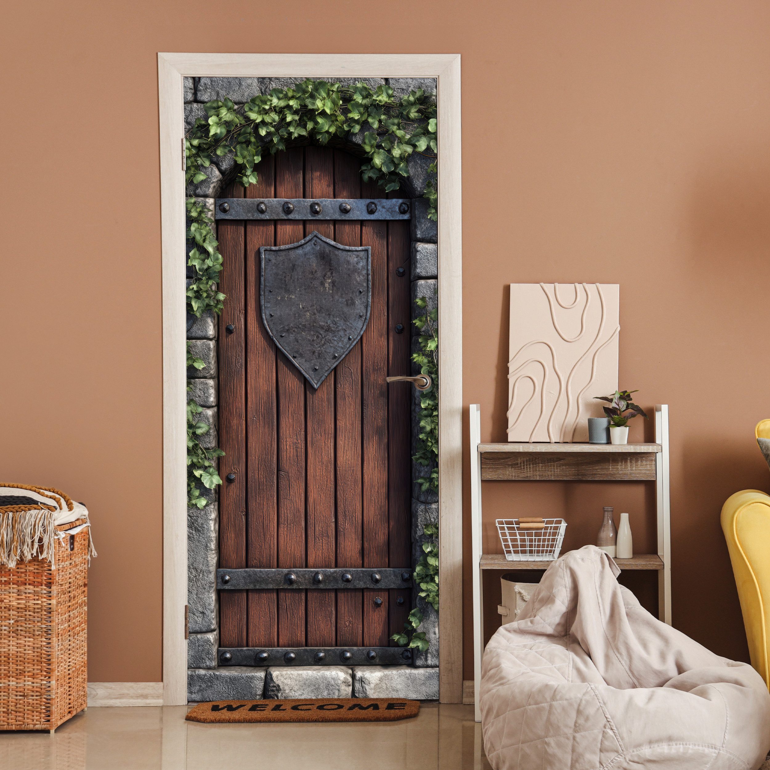 MuchoWow Türtapete Schlosstür - Braun - Stein - Holz - Efeu, Matt, bedruckt günstig online kaufen