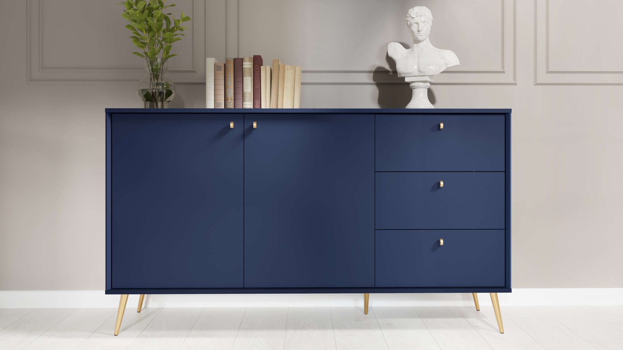 Home affaire Kommode ROMILDA Sideboard mit 3 Schubladen und 2 Türen, B/T/H: 156/40,5/89 cm, Kommode mit goldenen Griffen auf goldenen Füßen, viel Stauraum