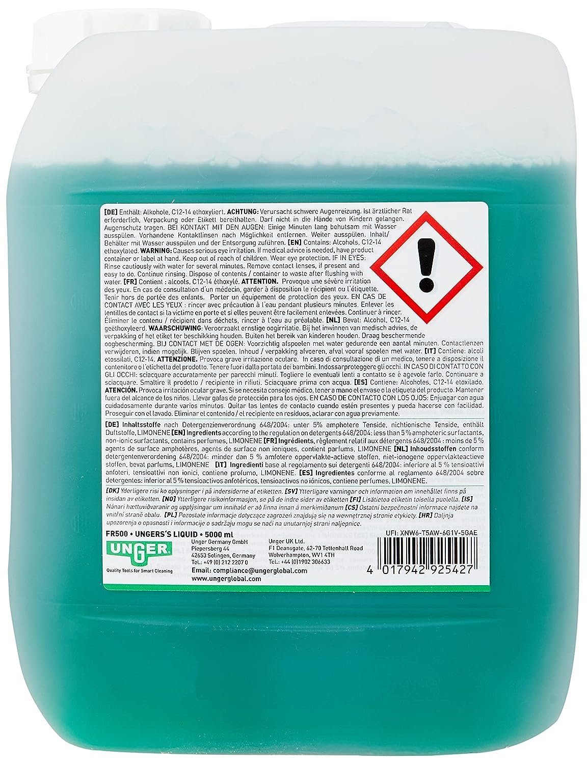 Unger Liquid Reinigungsmittel zur Fensterreinigung, 5 L Glasreiniger