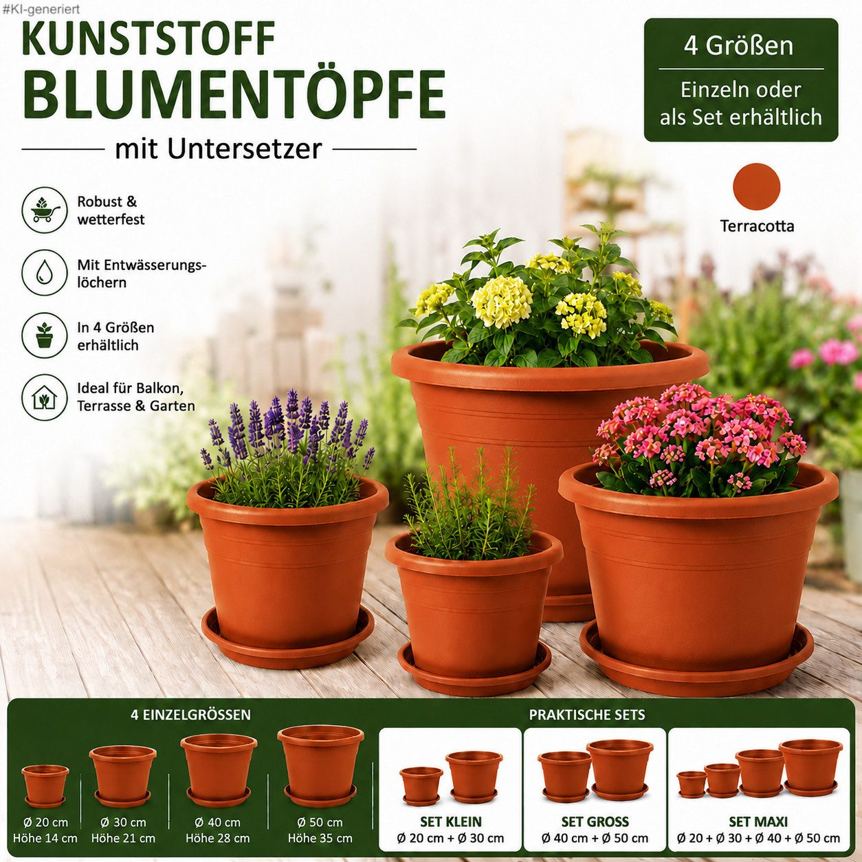 steinwohn Blumentopf mit Untersetzer - Kunststoff -, Runde Pflanzkübel für Balkon, Terrasse & Garten
