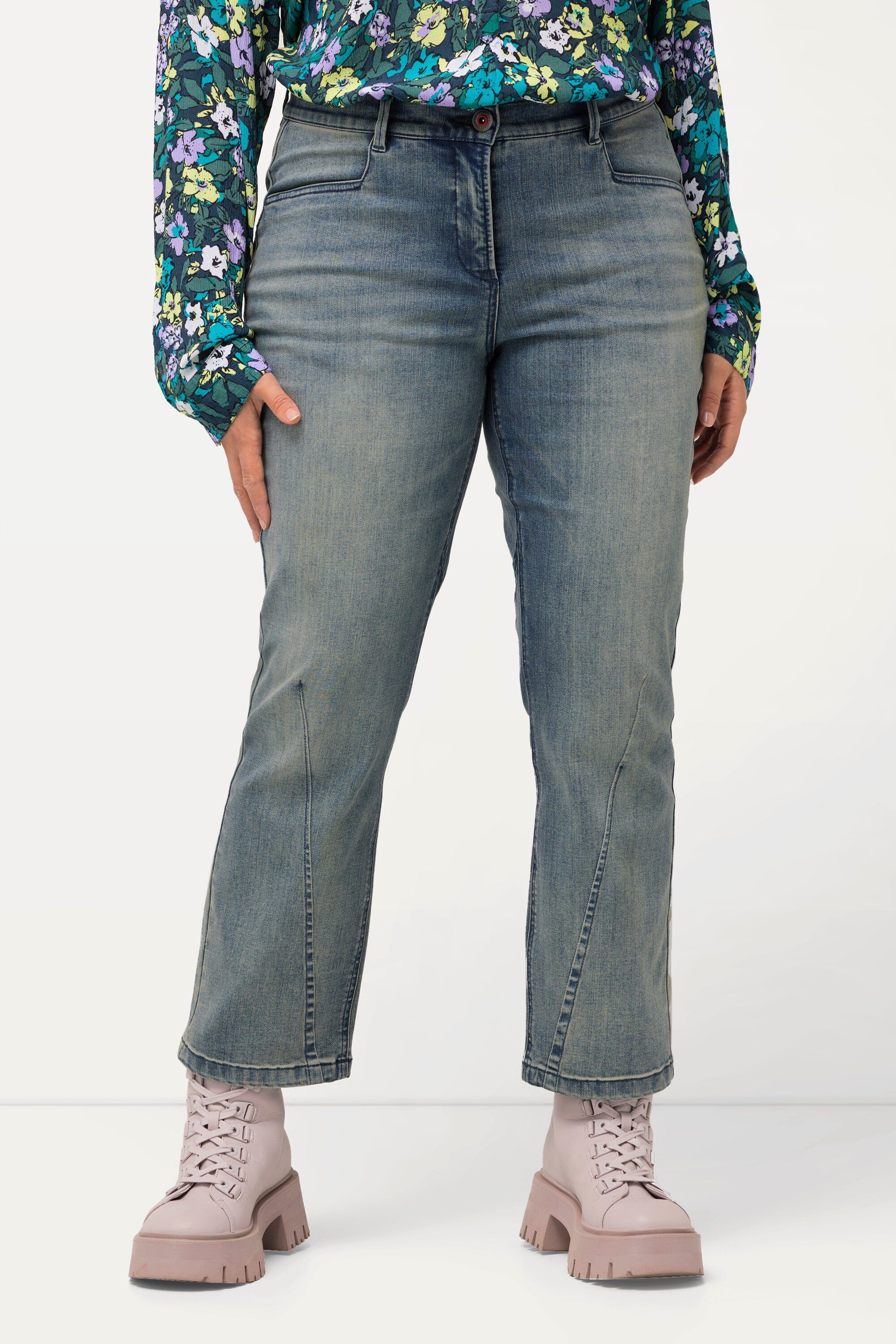 Ulla Popken 5-Pocket-Jeans Jeans Mandy Farbspritzer Ziernaht weites Bein