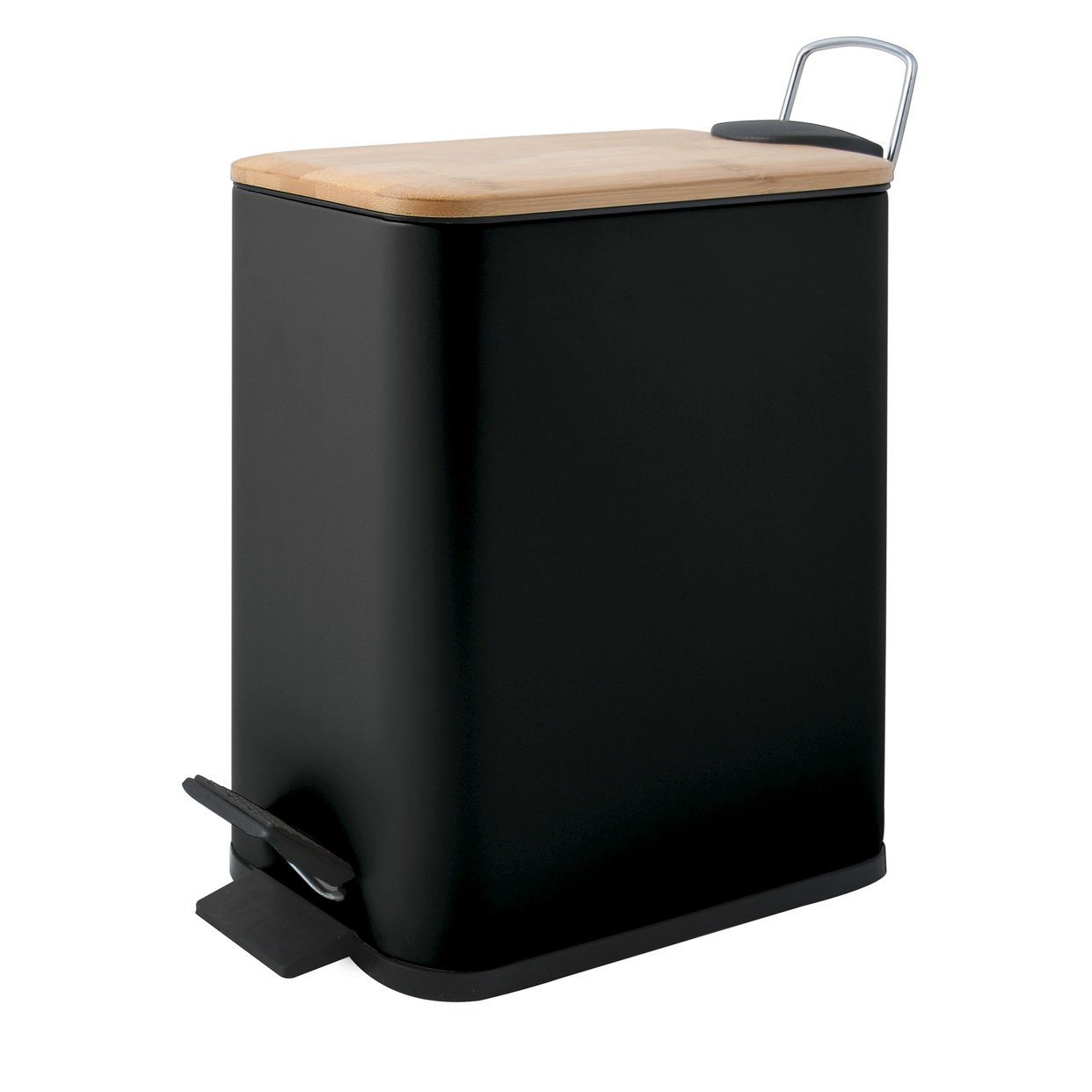 spirella Косметички ERIK Bambus, Мусорные ведра с педалью mit Softclose-Absenkautomatik, Anti-Fingerprint-Beschichtung, eleganter Materialmix Stahl matt / Bambus, herausnehmbarer Inneneimer, innovatives Design, besonders schmale Form, 5L, schwarz matt