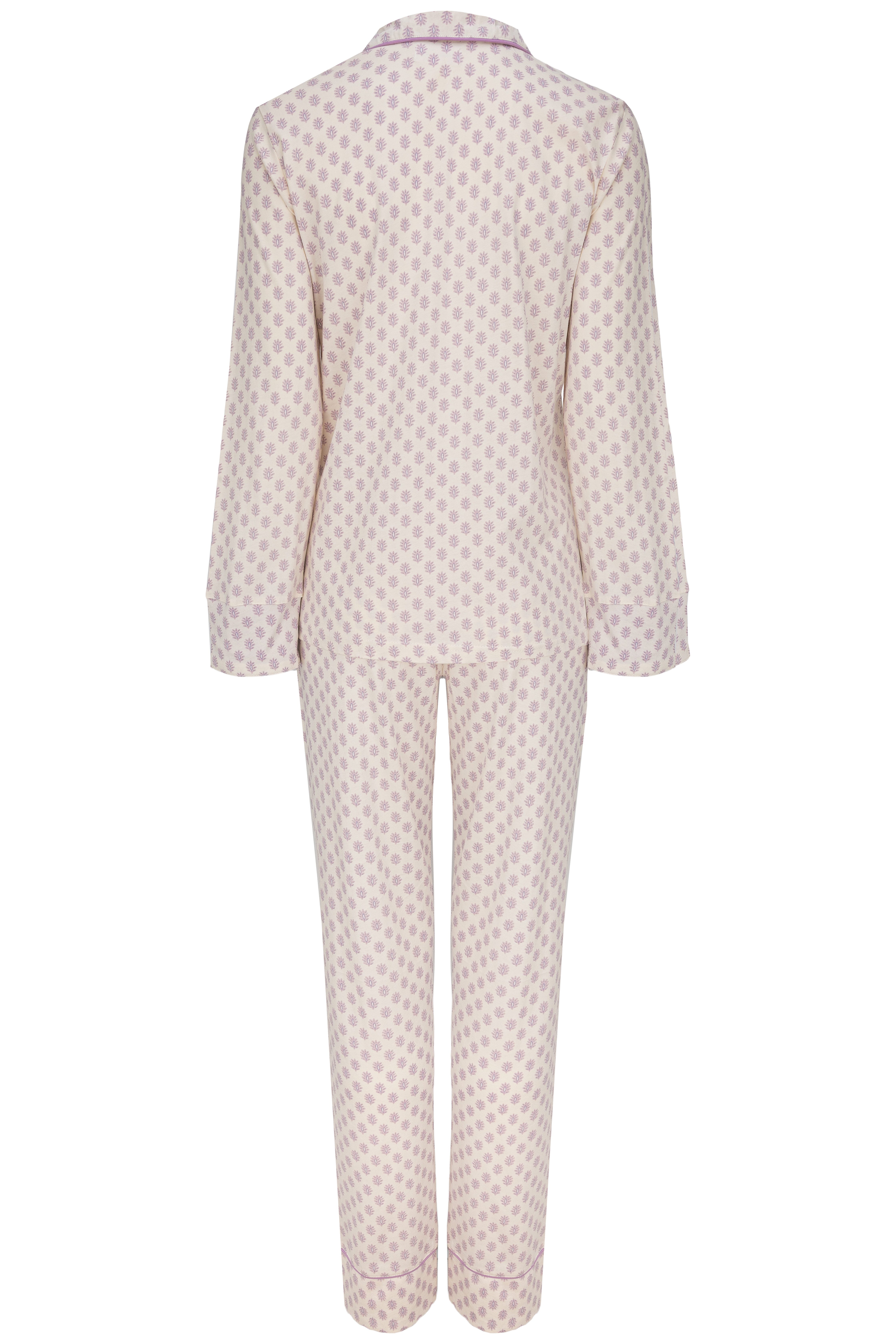 SNOOZE OFF Pyjama Schlafanzug in cremefarben mit lavendelfarbenem Blättermu günstig online kaufen