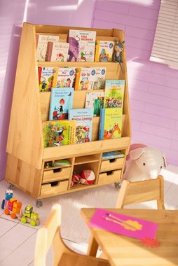 BioKinder - Das gesunde Kinderzimmer Bücherregal Robin, Rollregal mit 3 Fächern, Bücherregalaufsatz und 2 Einlegeböden, Erle
