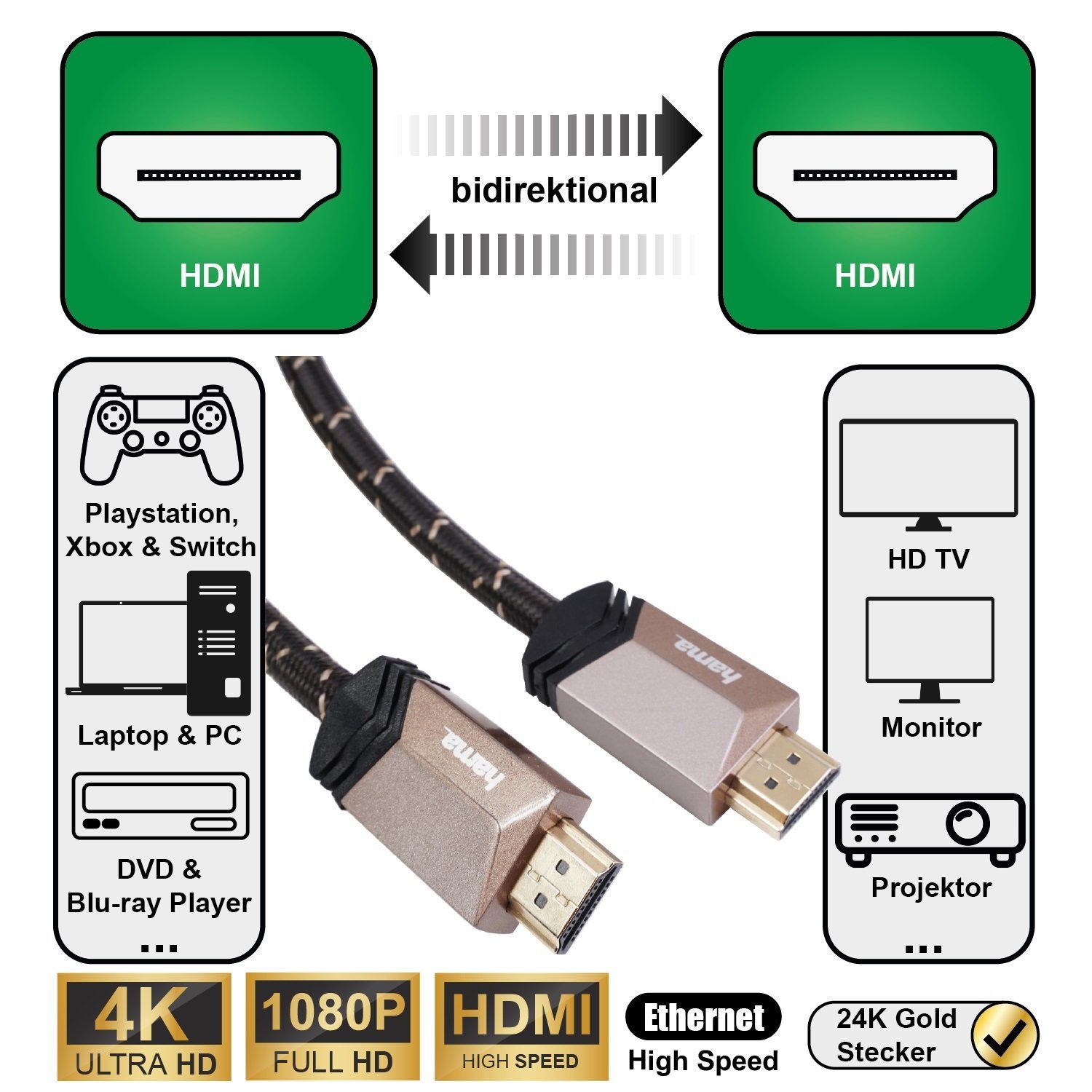 Hama HQ High-Speed HDMI-Kabel 4K 3m vergoldet Video-Kabel, HDMI, (300 cm), HDMI 2.0b 4K 2K HDR Full HD 3D HD TV LED LCD OLED Metall-Stecker – Bild 2 von 5