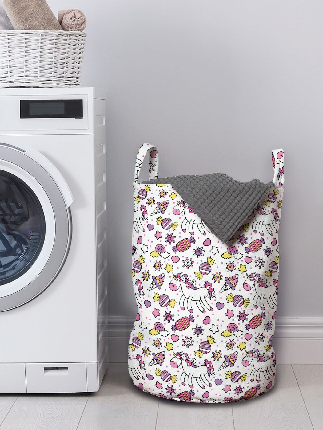 Abakuhaus Wäschesäckchen Wäschekorb mit Waschsalons, Kordelzugverschluss Griffen Süßigkeiten Einhorn Sterne für Unicorn