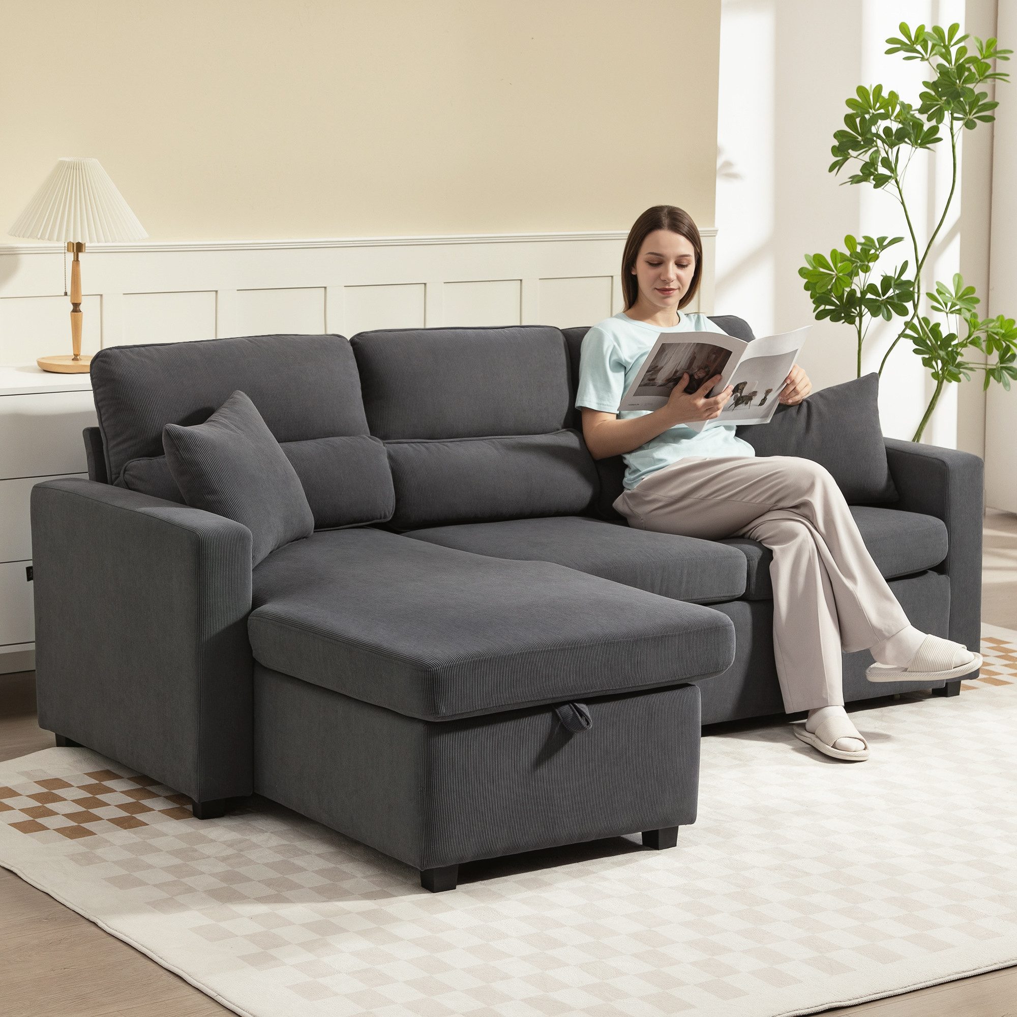 HOMCOM Ecksofa L-Form Sofa, Schlafsofa mit Bettkasten, Kissen, Ecksofa 1 Teile, mit Stauraum, Beige