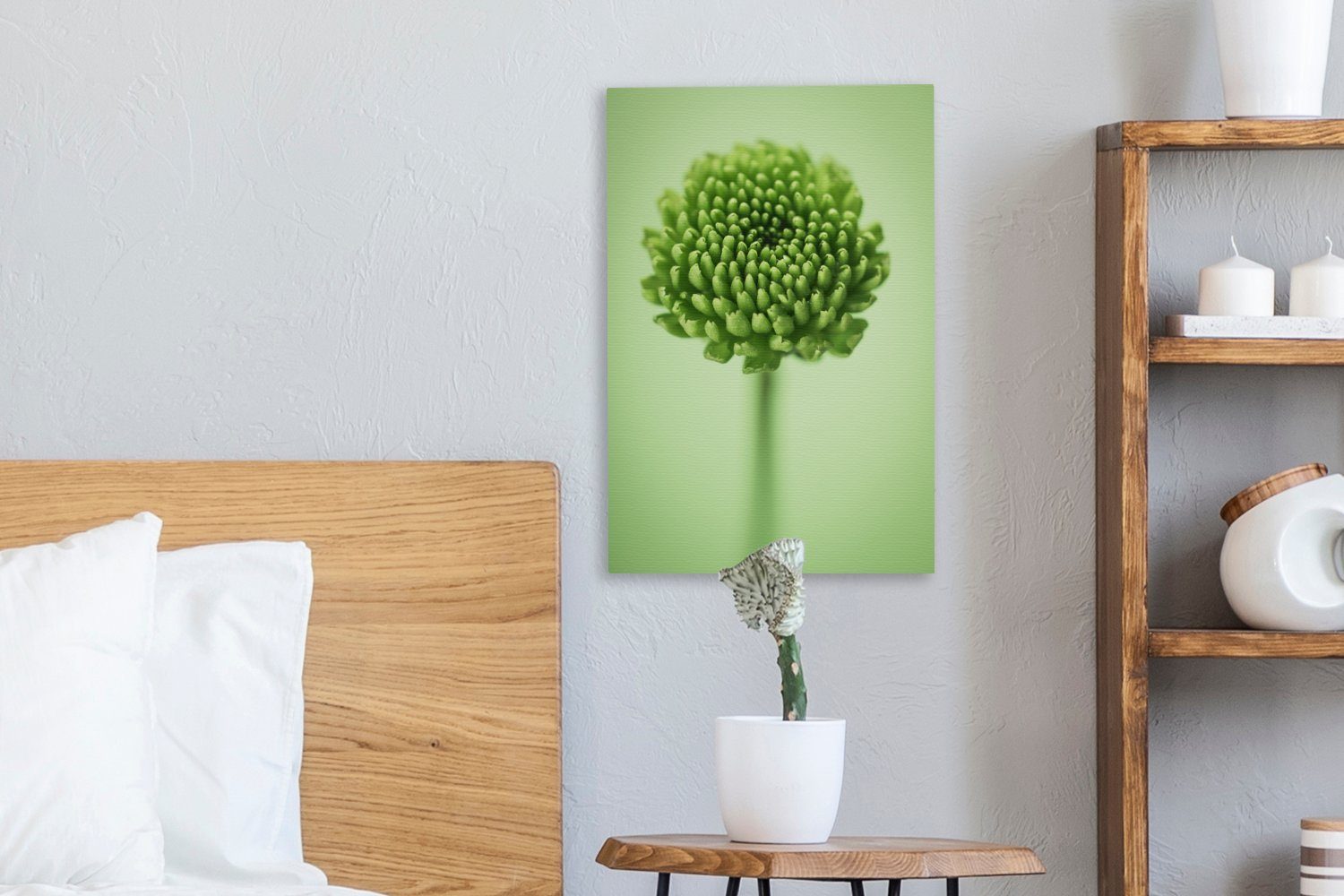 OneMillionCanvasses® Leinwandbild Grüne bespannt inkl. St), Hintergrund, 20x30 cm Leinwandbild mit fertig Zackenaufhänger, Gemälde, unscharfem (1 botanische Chrysanthemenblüte