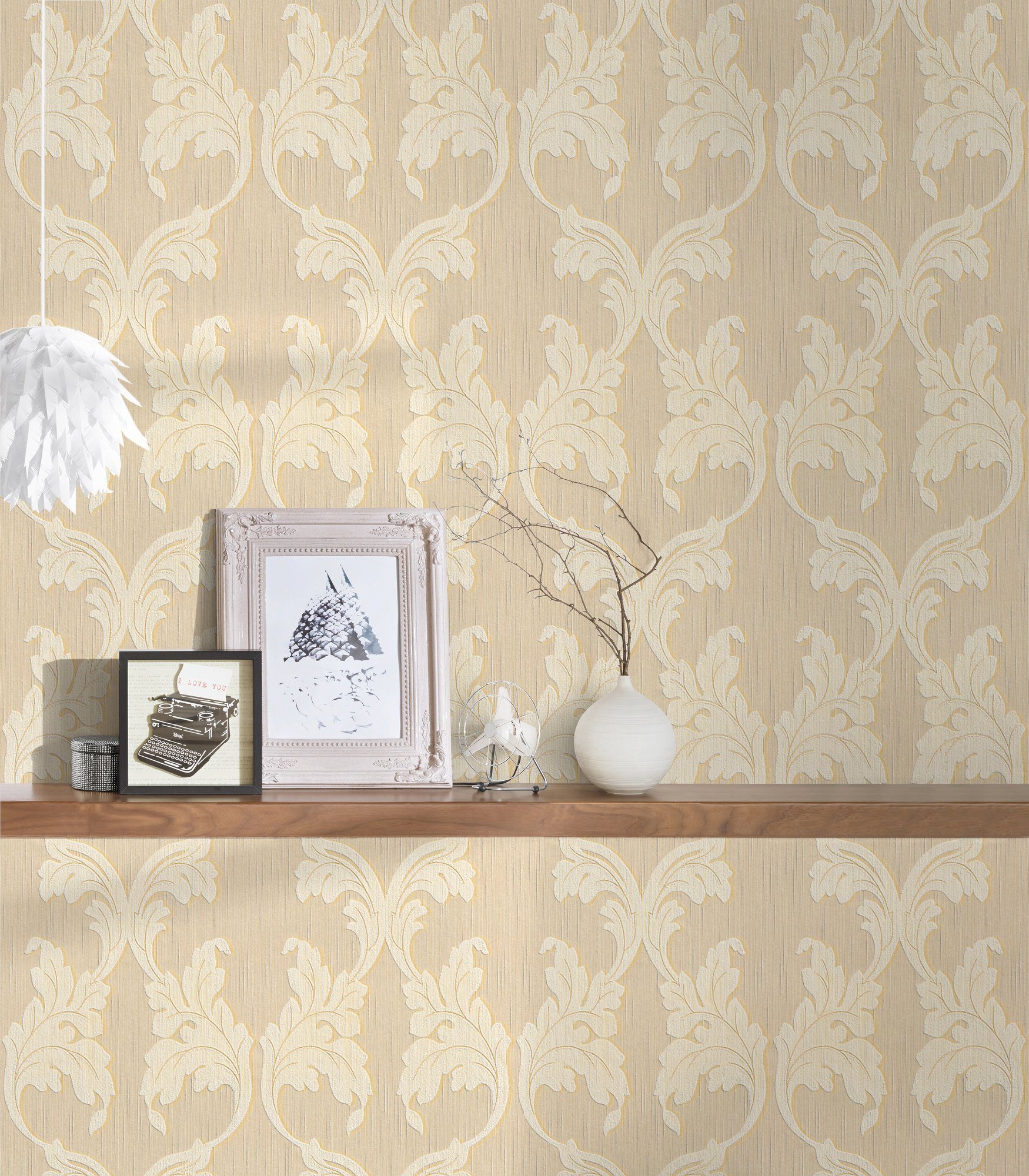 Création floral, Tessuto, Barock, Paper Architects beige/gelb samtig, Textiltapete Barock A.S. Tapete