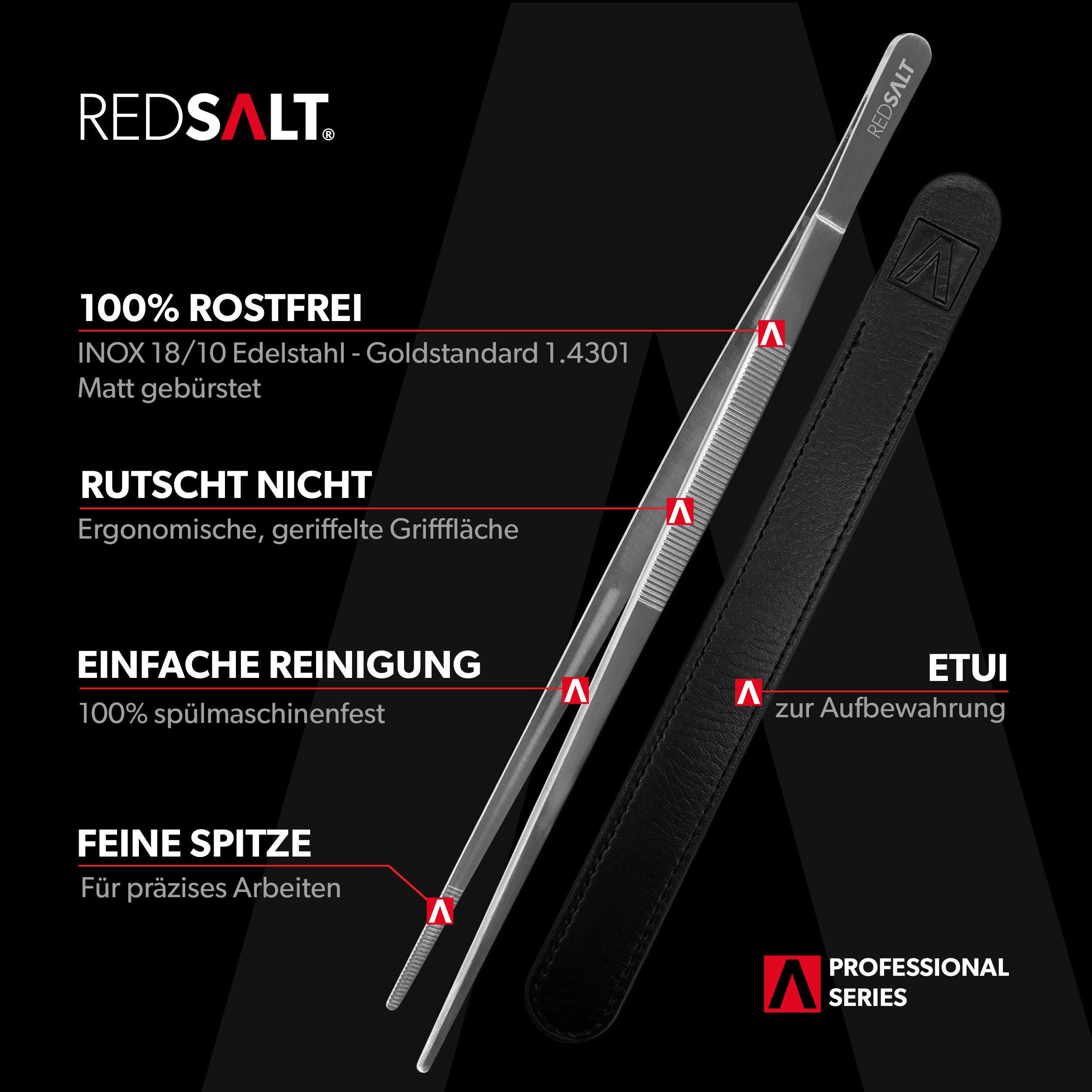 REDSALT® Kochpinzette Premium Küchenpinzette 30cm mit feiner Spitze spülmaschinenfest, Rostfreier Edelstahl in INOX 18/10 Qualität