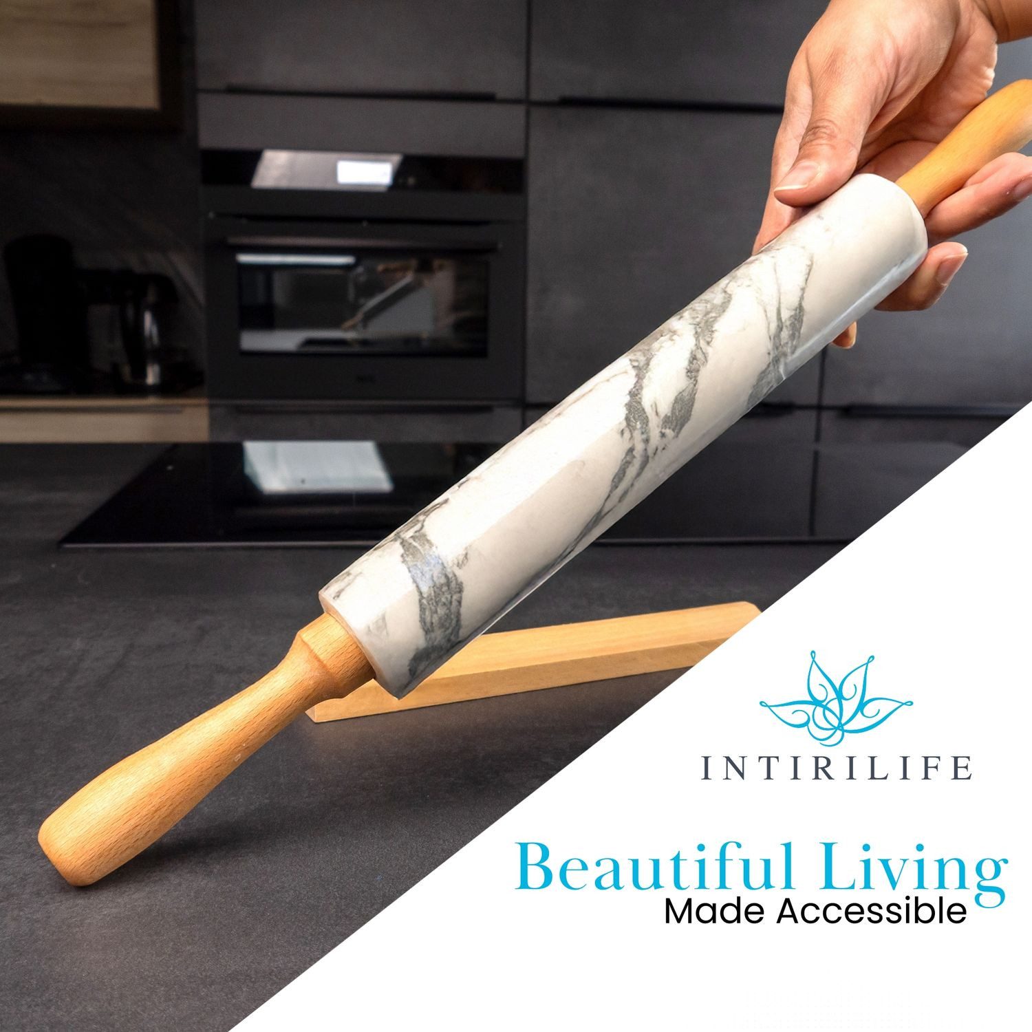 Intirilife Nudelholz Marmor, (1-tlg), Teigrolle, Backrolle, Wellholz, aus natürlichem Marmor