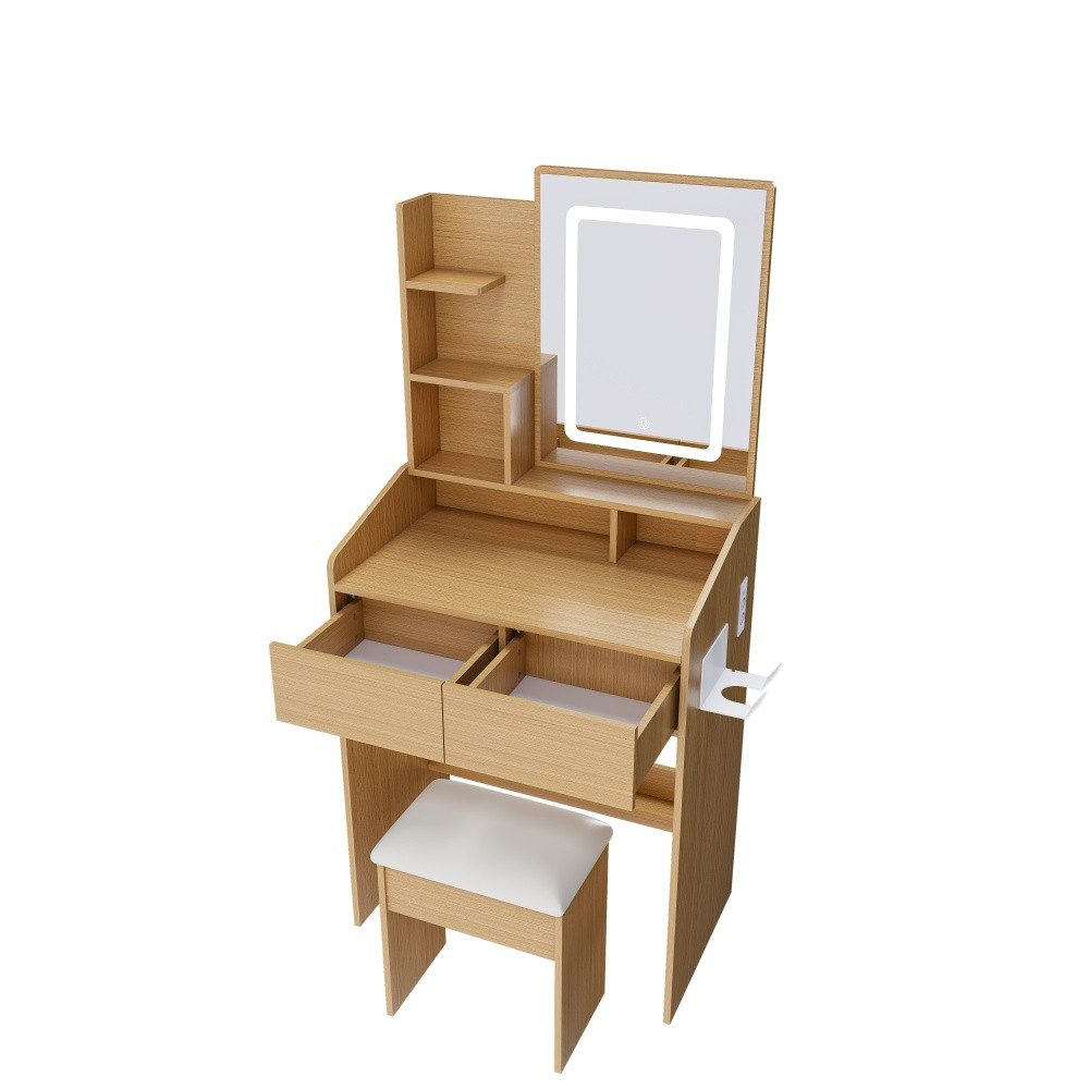 BBWL Schminktisch LED Spiegel kompakt mit Hocker Stromanschluss Fönhalter Stauraum Holz, Schminktisch modern für kleine Räume Schlafzimmer