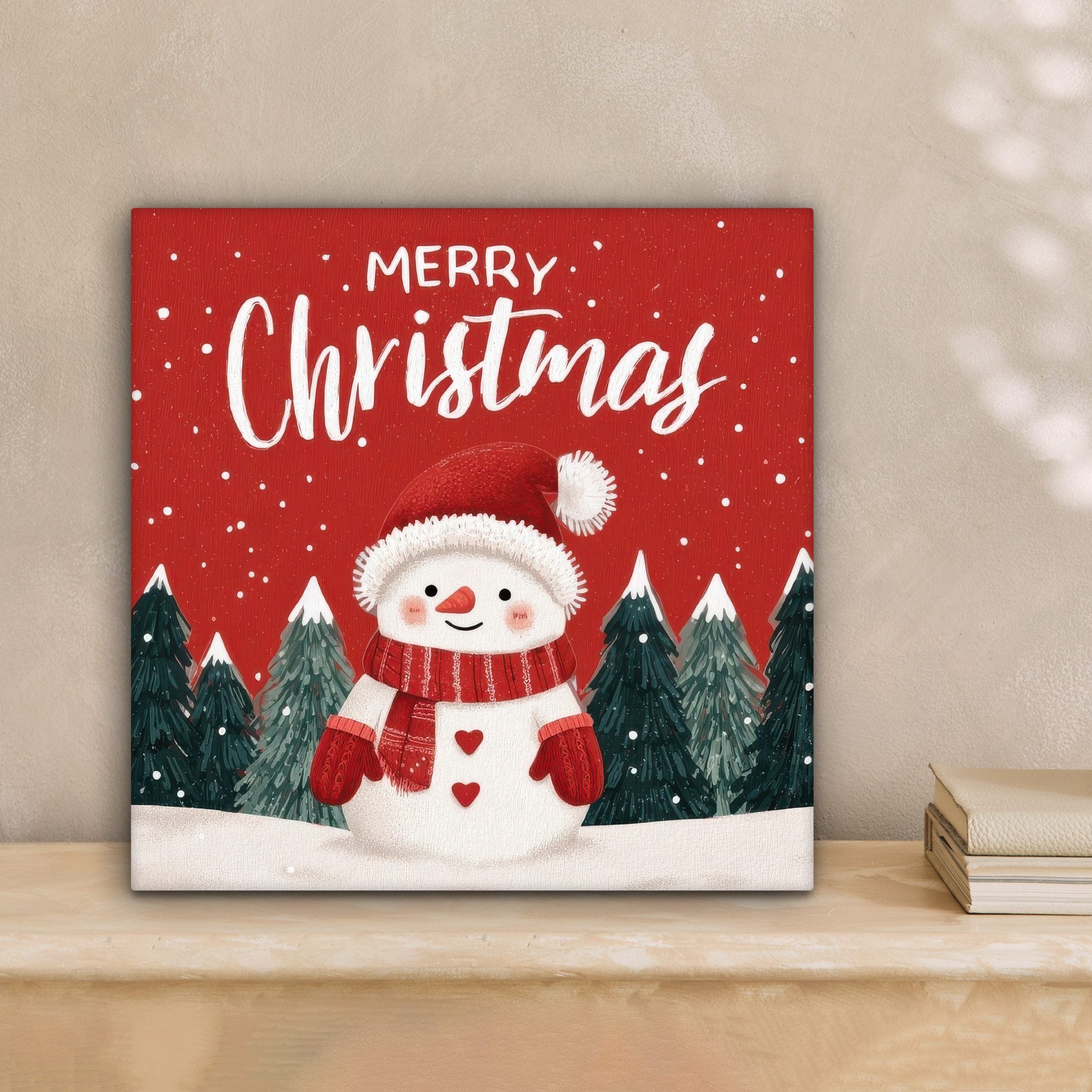 OneMillionCanvasses® Leinwandbild Weihnachtsgruß - Schnee - Rot, Fotodruck (1 St), Wandbild, Deko Schlafzimmer Wohnzimmer Flur 20x20 cm