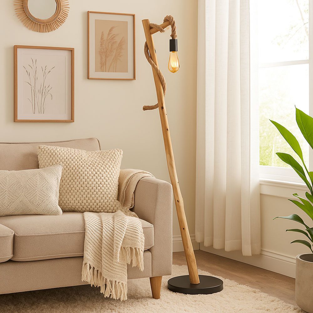 GLOBO LIGHTING Stehlampe, Leuchtmittel nicht inklusive, Stehlampe Wohnzimmer Stehlampe schwarz Holz Holzleuchte Hanfseil