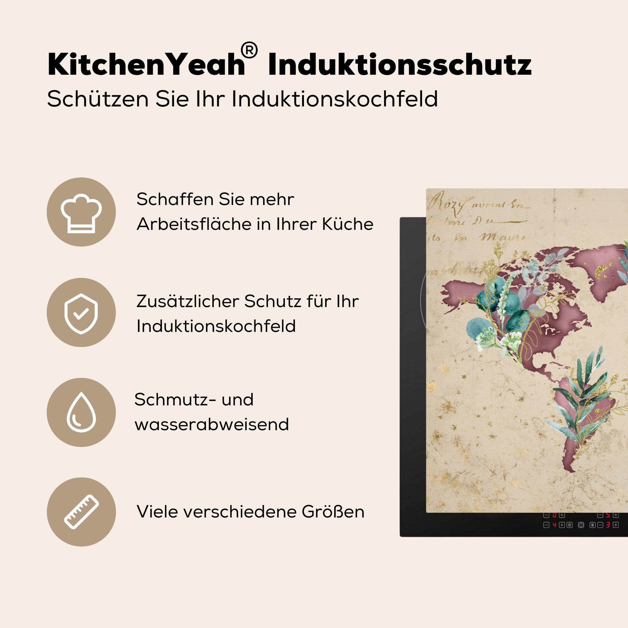 MuchoWow Herdblende-/Abdeckplatte Weltkarte - Papyrus für küche, Ceranfeldabdeckung 81x52 cm, Induktionskochfeld (1 Schutz Vinyl, die Retro, tlg), 