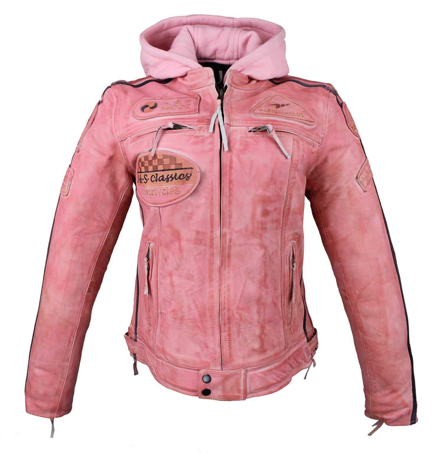 Alpha Speeds Lederjacke Damen Motorrad Leder Jacke Biker, Freizeit Highway Jacke Rosa aus weichem Lammleder, mit Protektoren & Kapuze