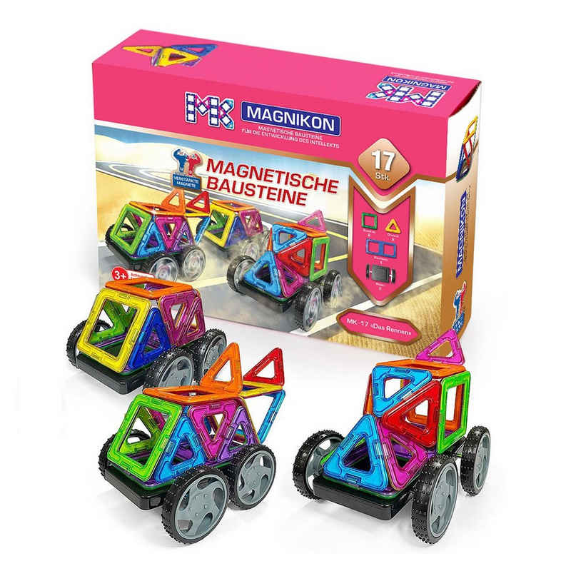 MAGNIKON Magnetspielbausteine MK-17 “Das Rennen” mit Rädern, 17 Teile, (Magnetische Bausteine, 17 St., Verstärkte Magnete), robuster Kunststof
