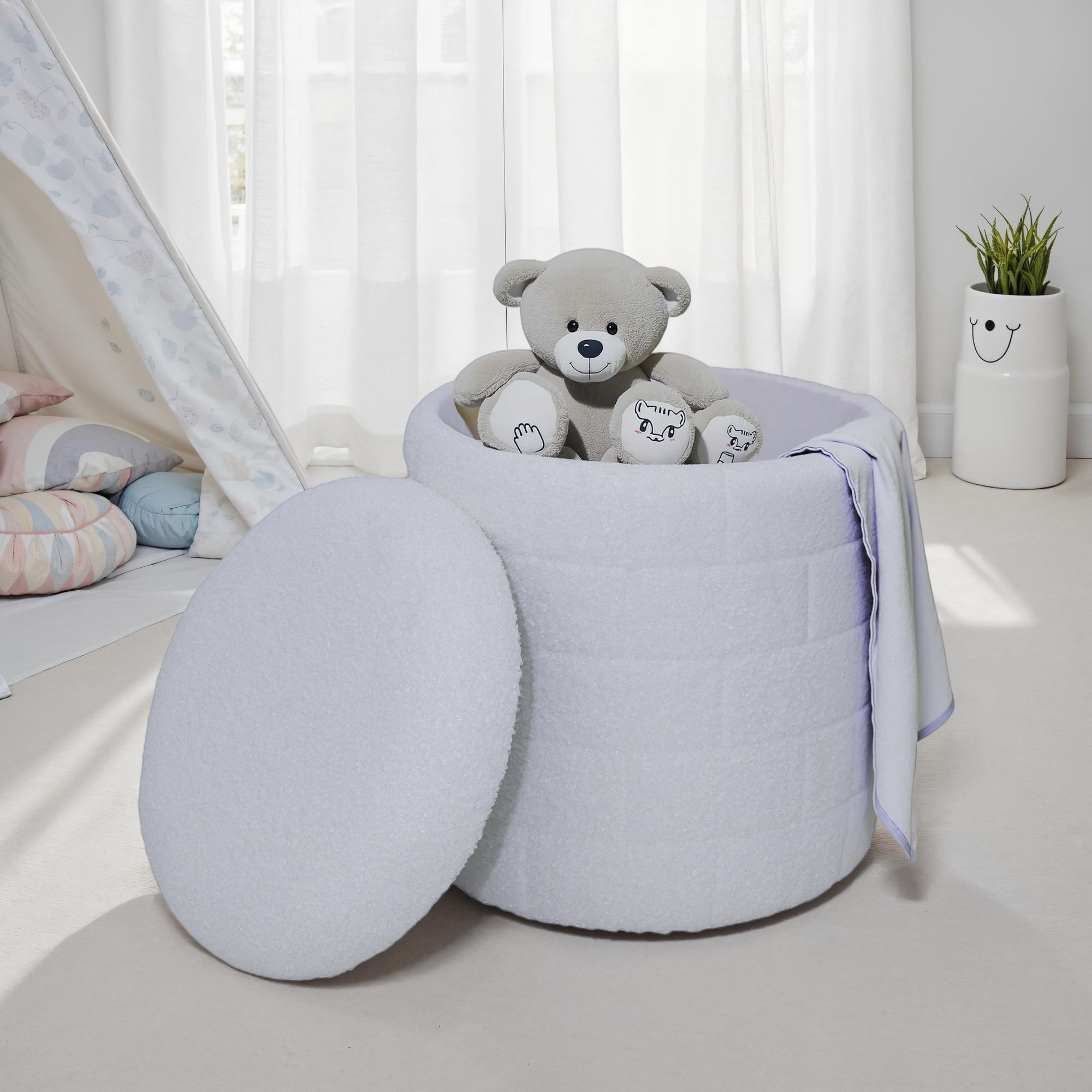 FINEBUY Stauraumhocker FB111231 Sitzhocker Stoffhocker 40 cm Weiß rund abnehmbarer Deckel (40 cm, Hocker mit Stauraum Rund Modern), Dekohocker Weiß Stoff, Sitzhocker Gepolstert