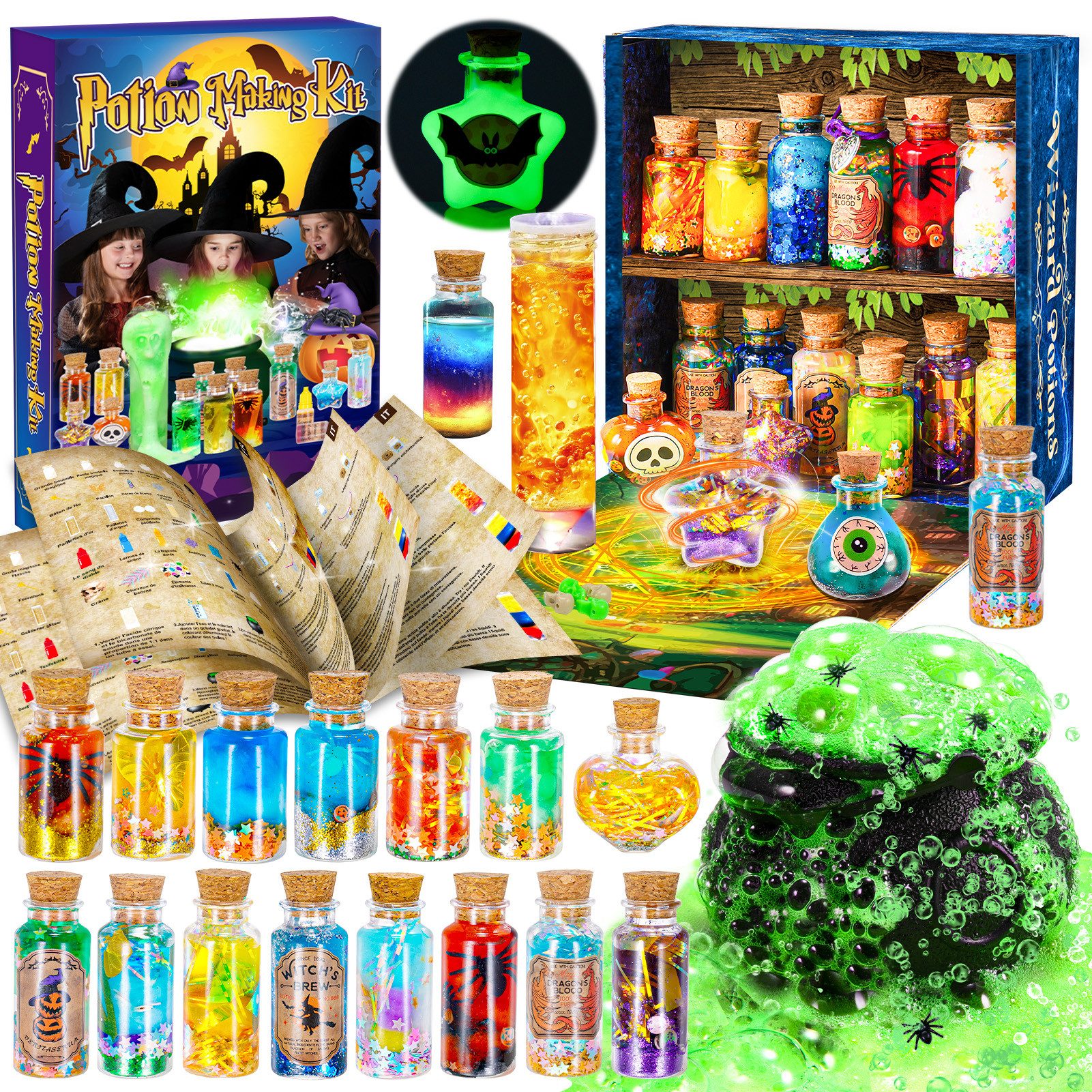 Wootoy Kreativset Zaubertrank-Experimentierkasten für Kinder Lernspielzeug Bastelset, (Zubehör mit Zauberflaschen Hexenkessel Zauberstab und Feenstaub, 1-tlg., mit faszinierenden Reaktionen wie Blubbern Schichten Leuchteffekten), für Partys Bastelprojekte und kreative Geschenkideen
