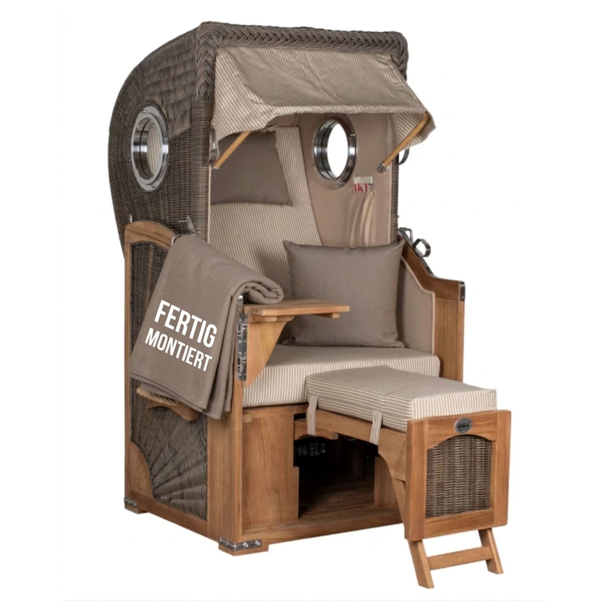 Strandkorb Düne Single 1-Sitzer Bullauge Teak PE-Geflecht Grey 96x165x80