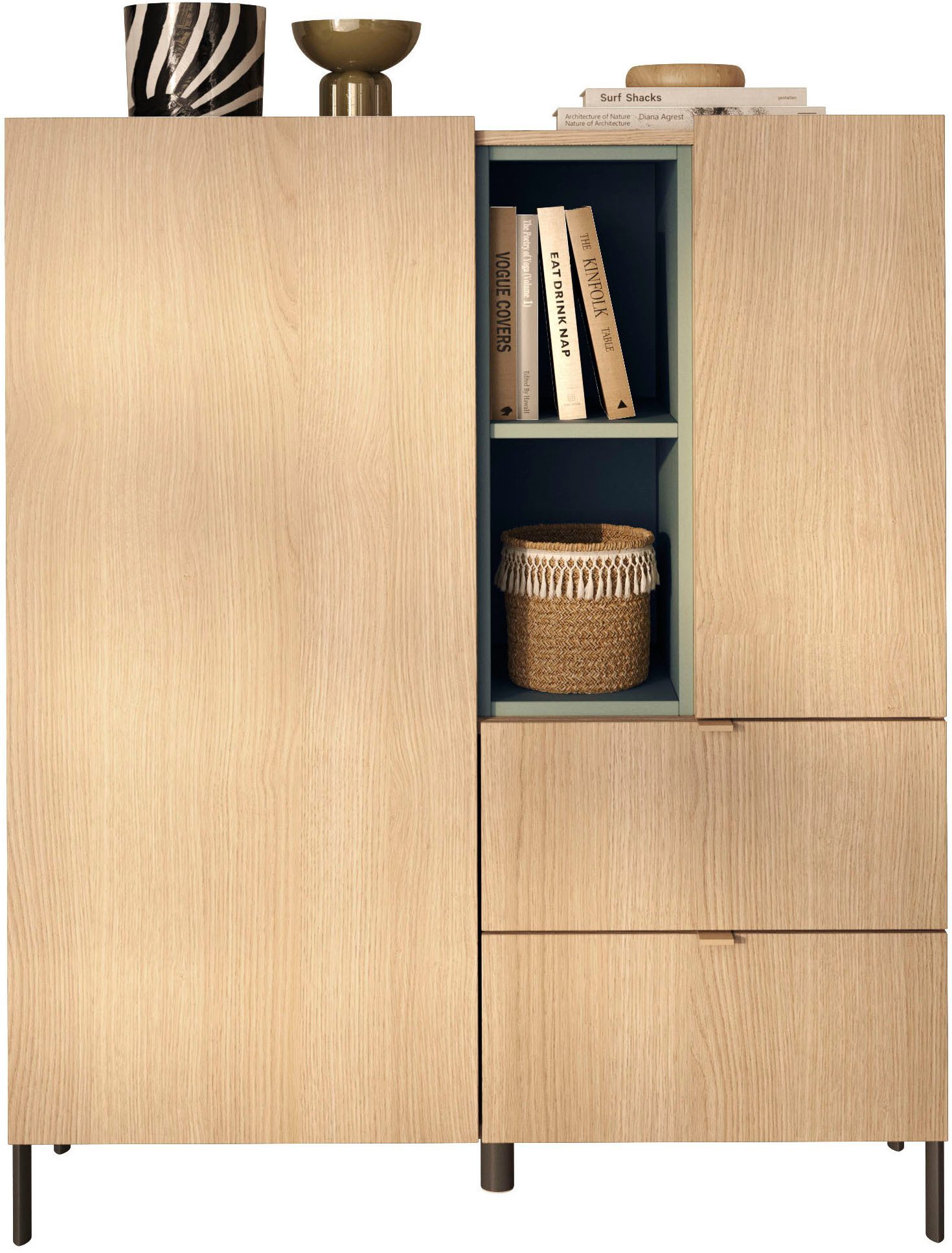 OTTO home Highboard Badia, B/H 101/124 cm, 2 Türen, 2 Schubkästen, Stauraumschrank, Innenliegendes Top, gerade Metallfüße, salbeigrüne Farbakzente