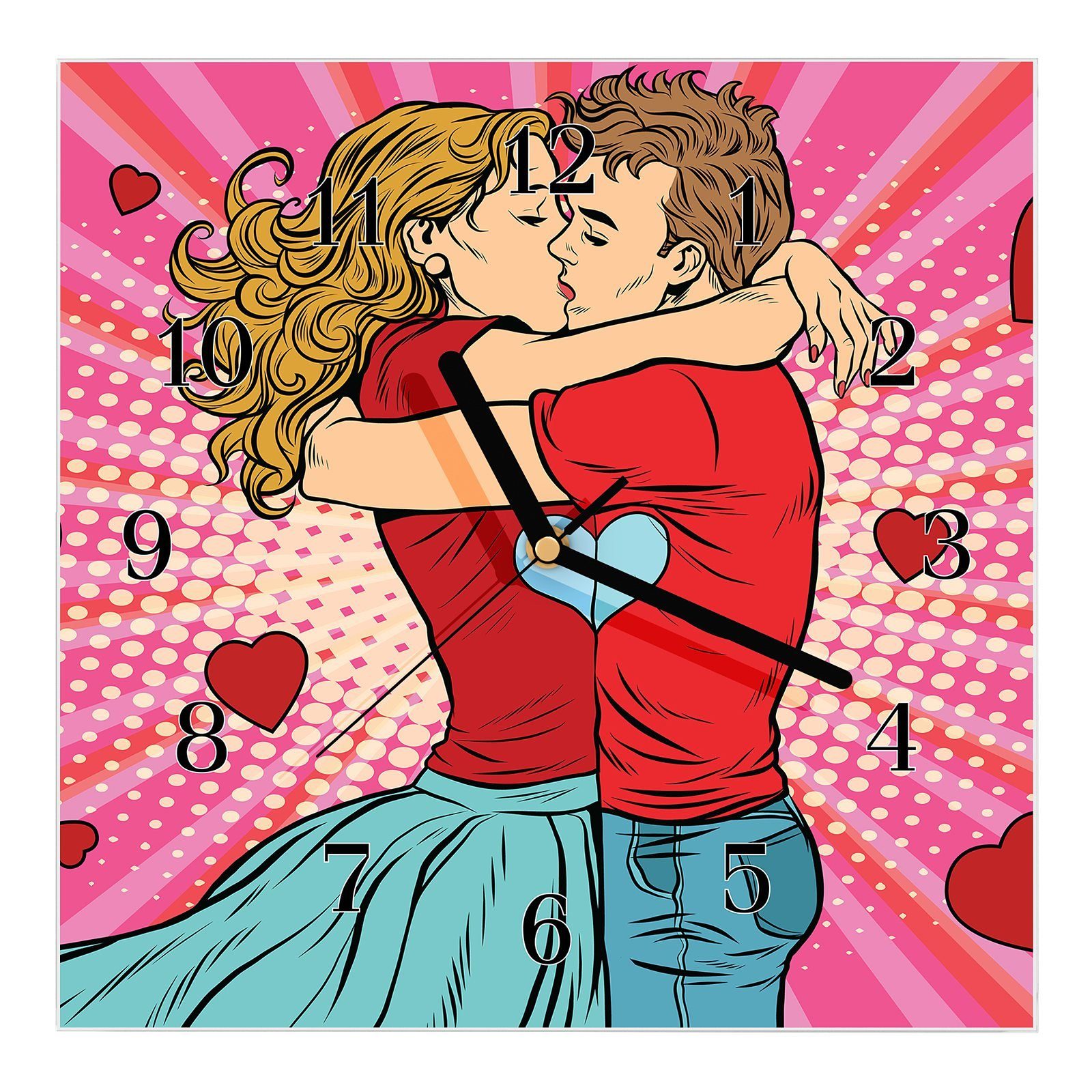 Primedeco Wanduhr Glasuhr Wanduhr Wandkunst Größe 30 x 30 cm mit Motiv Paar sich küssend