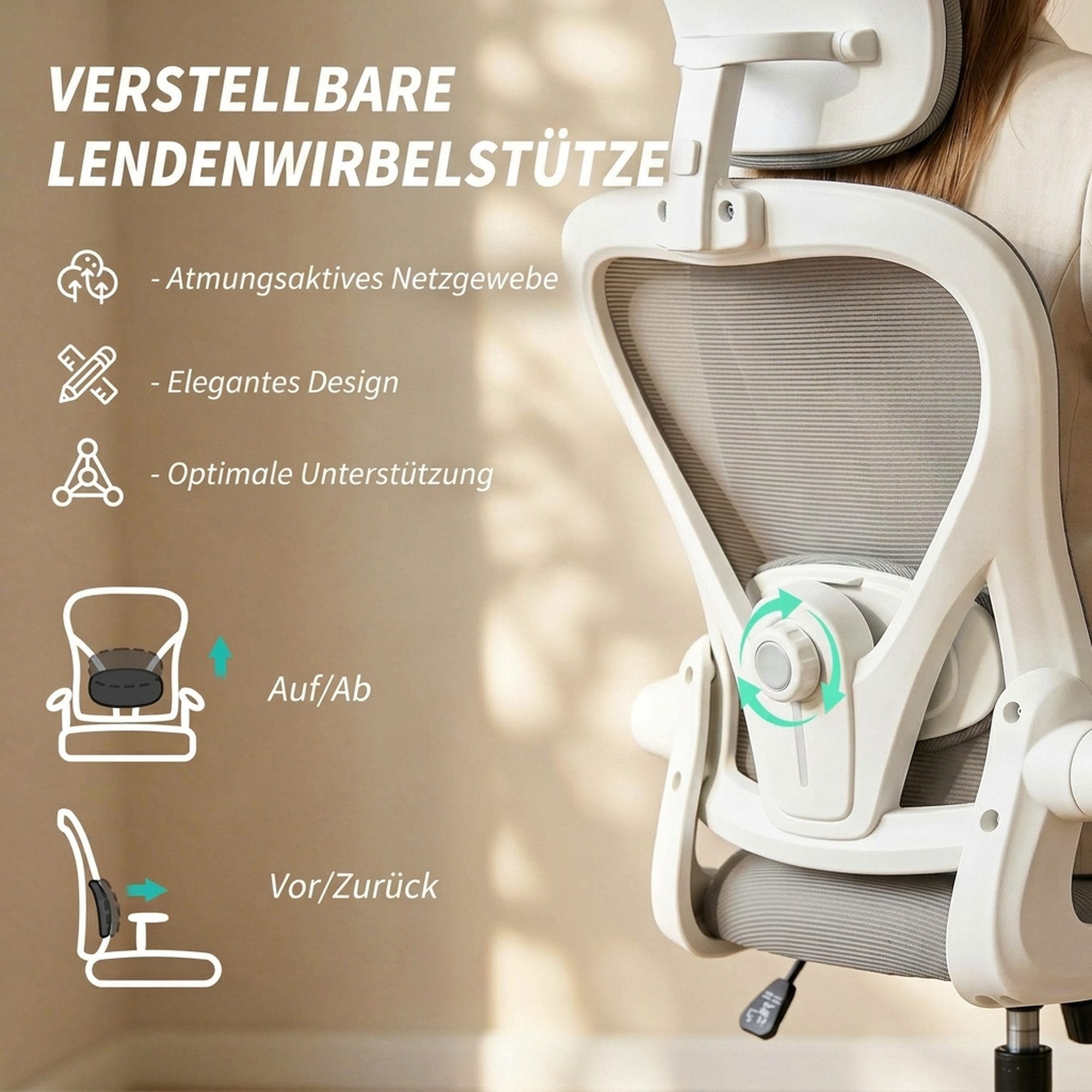 HOMCOM Bürostuhl Ergonomischer Schreibtischstuhl mit Hochklappbaren Armlehnen (Höhenverstellbarer Drehstuhl, 1 St), mit Wippfunktion, Netzbespannung Grau – Bild 5 von 5