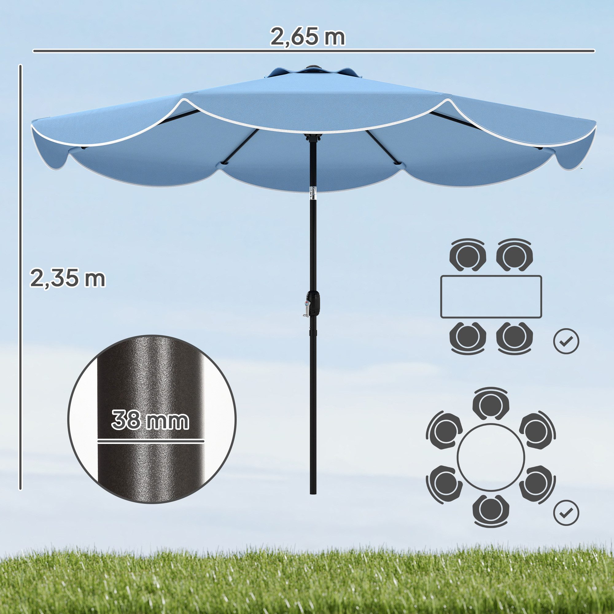 Outsunny Sonnenschirm rund Balkonschirm mit 3-facher Neigung Kurbel 8 Streben, LxB: 265x265 cm, rund Balkonschirm, Strandschirm, für Strand Balkon Garten, Himmelblau
