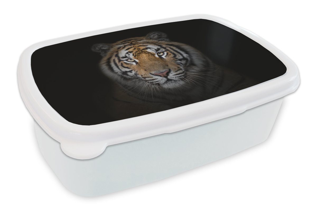 MuchoWow Lunchbox Tiger - Wildtiere - Porträt - Schwarz - Tiere, Kunststoff, (2-tlg), Brotbox für Kinder und Erwachsene, Brotdose, für Jungs und Mädchen weiß