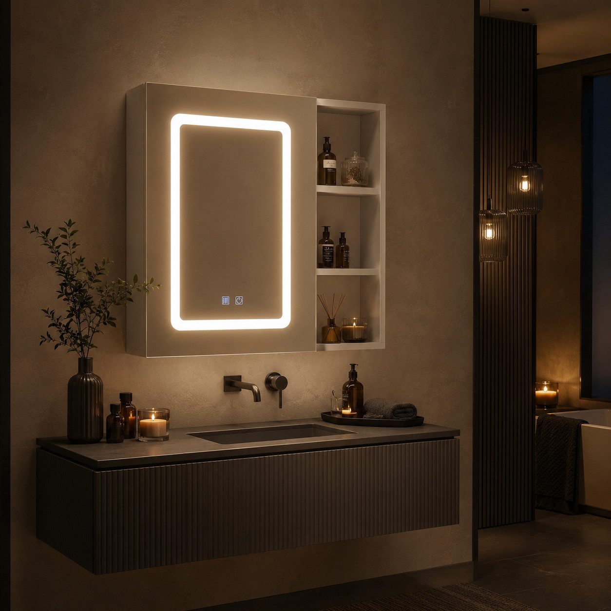 Simurq Badezimmerspiegelschrank Spiegelschrank Bad Mit LED, Offenes Regalen, Wandschrank Hängeschrank (Set, Spiegelschrank Mit LED Beleuchtung, 3 Farbtemperatur Dimmbare) Badezimmer Spiegelschrank Mit Verstellbarer Ablage, Offenes Regalen