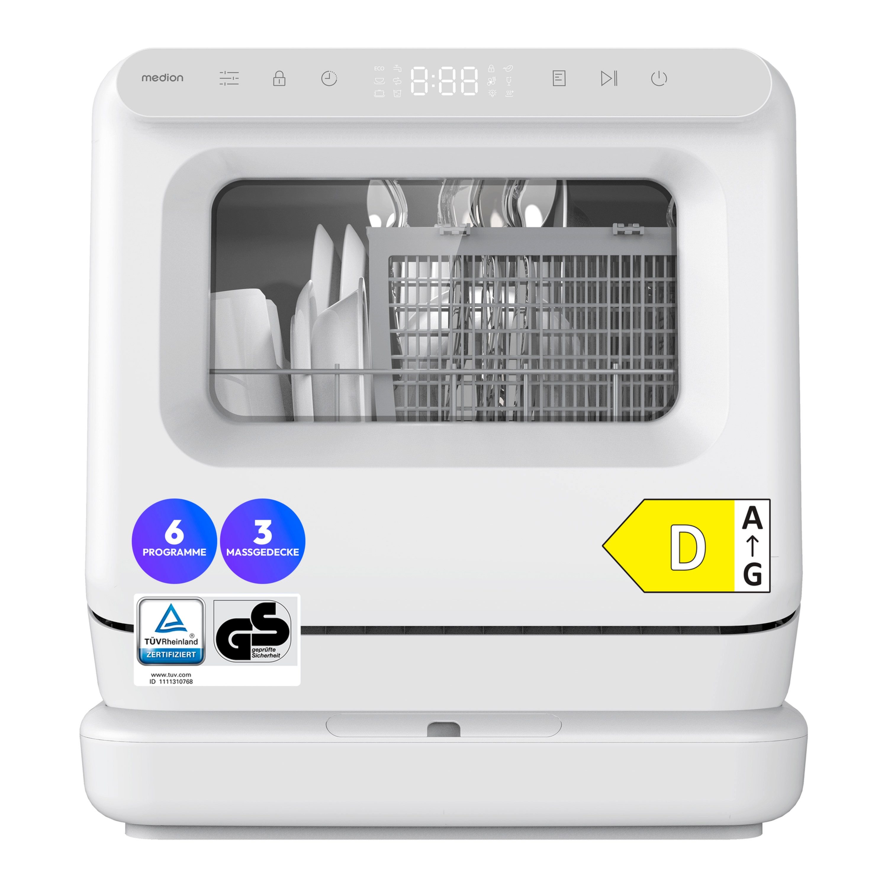 Medion® Tischgeschirrspüler MD370022, 3 Maßgedecke, 6 Programme, 3 Maßgedecke, LED Touch Display, Touchscreen
