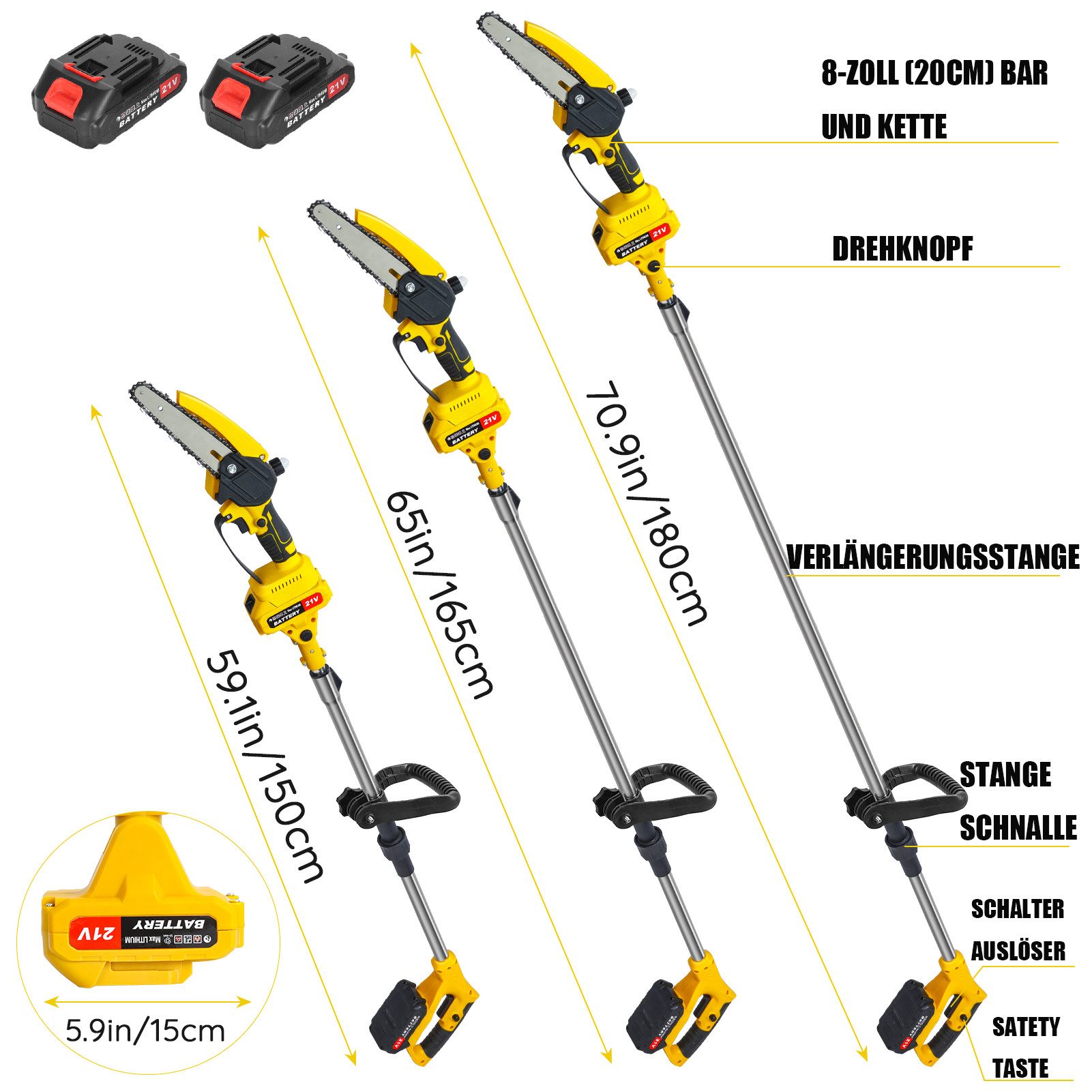 Rutaqian Akku-Kettensäge 6-Zoll bürstenlose elektrische Kettensäge mit 2 x 1,5 Ah Akku, 21v, 550W, 180,00 cm Schwertlänge, 1-tlg., 5,9 Fuß MAX Reichweite Stangsäge für Gartenscheren Holzschneidenz