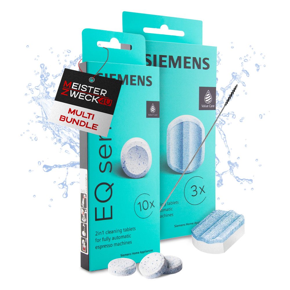 SIEMENS 10x Reinigungstabletten & 3x Entkalkungstabletten + Bürste Pflegeset (MEISTERZWECK4U, [- TZ80001 + TZ80002 Reinigung, Entkalkung + Bürste Pflegeset)